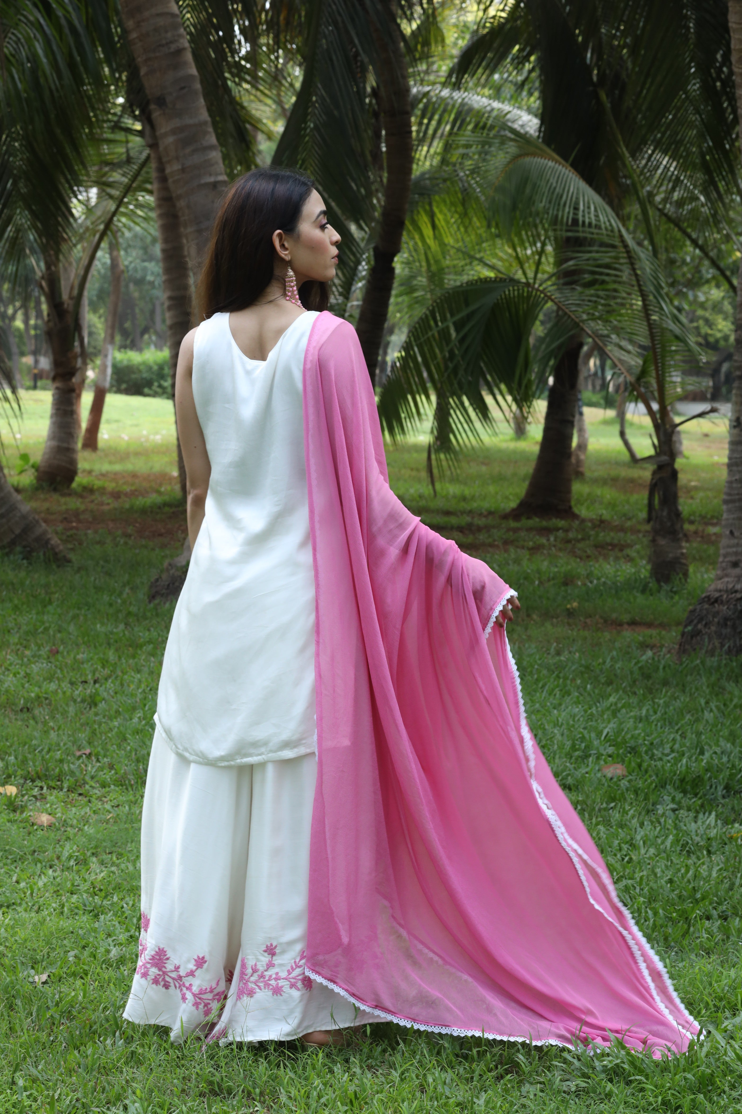Off White Modal Satin Palazzo Suit Set