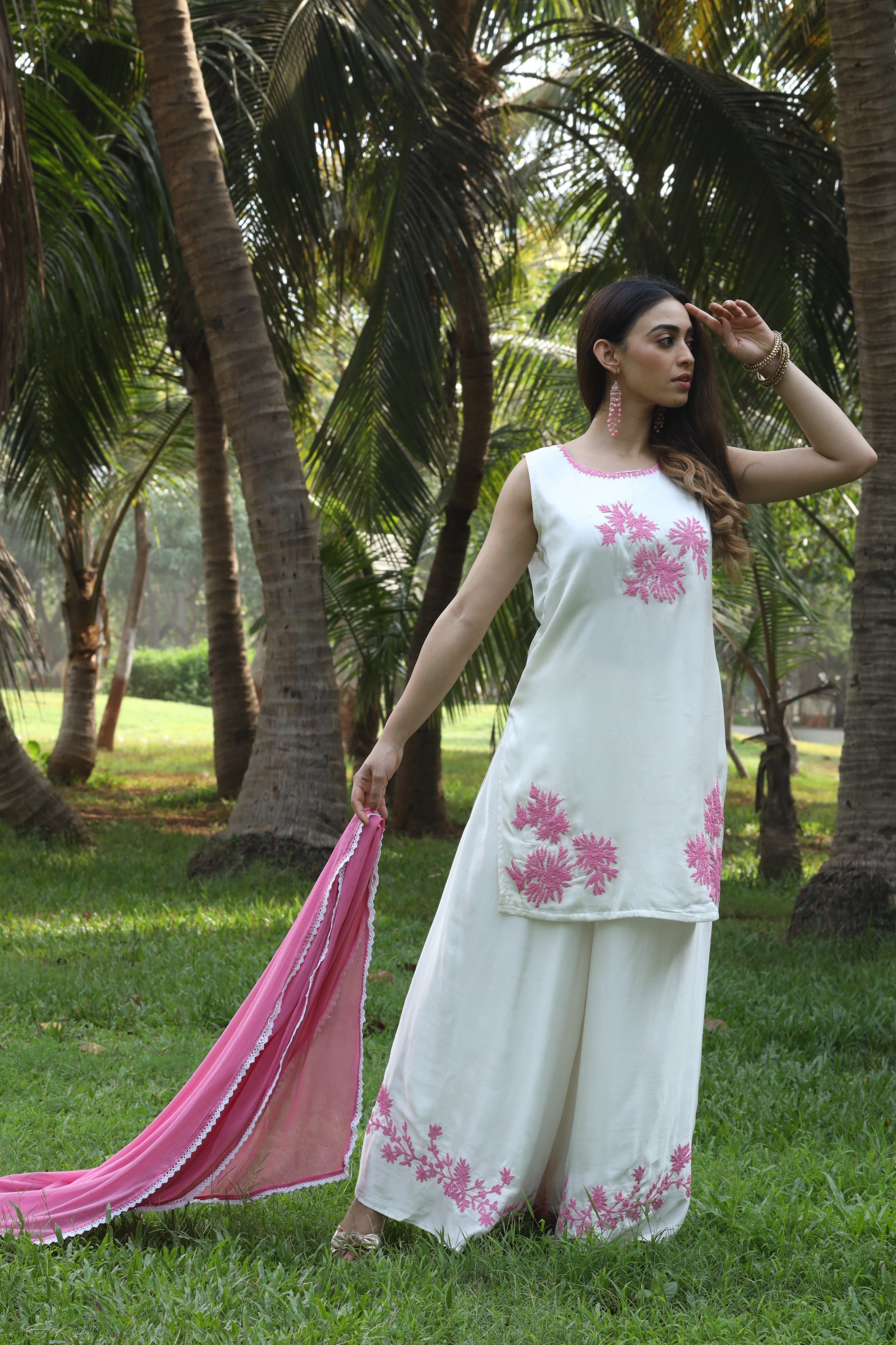 Off White Modal Satin Palazzo Suit Set