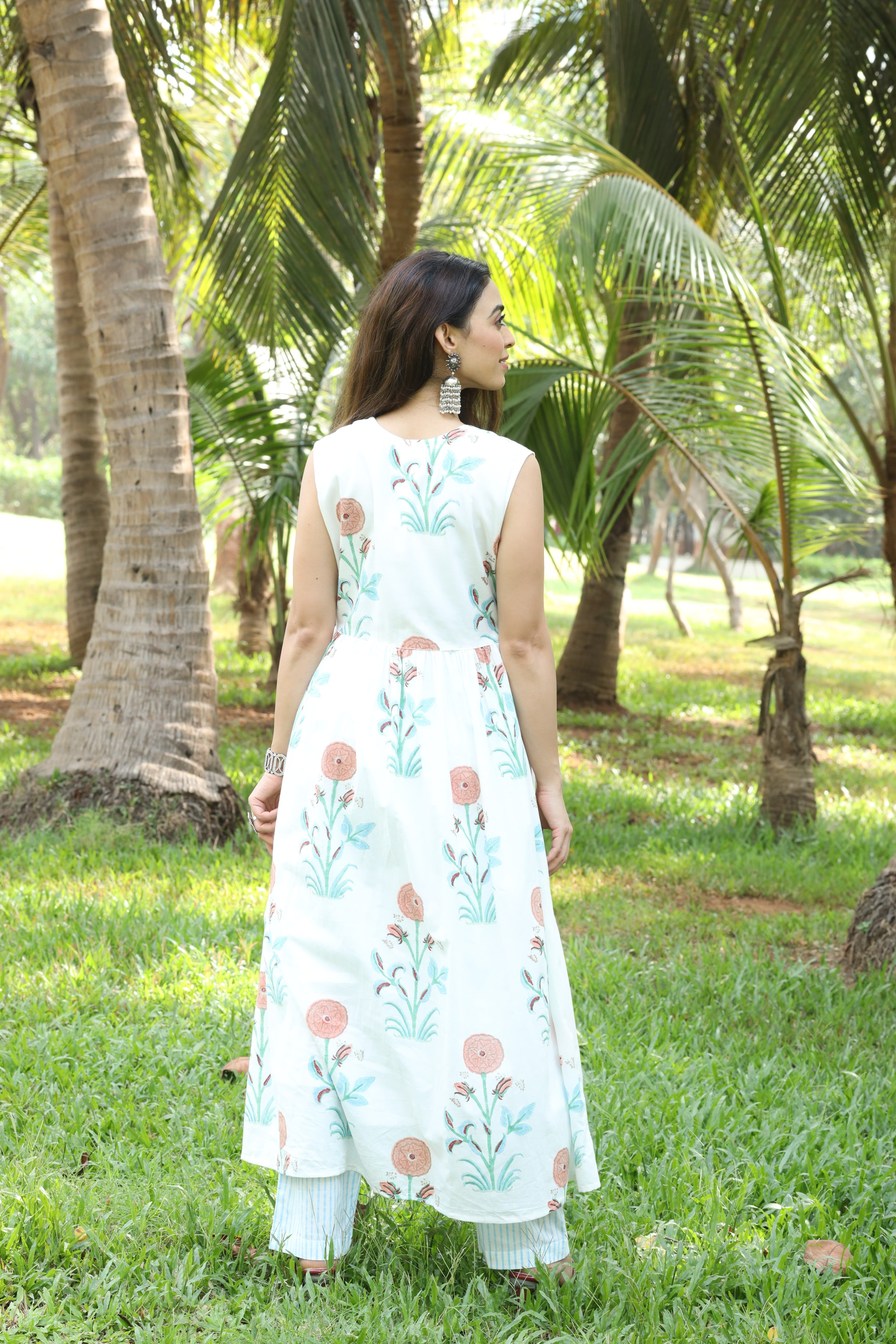 White Block Print  Mul Cotton Anarkali  Kurta Set