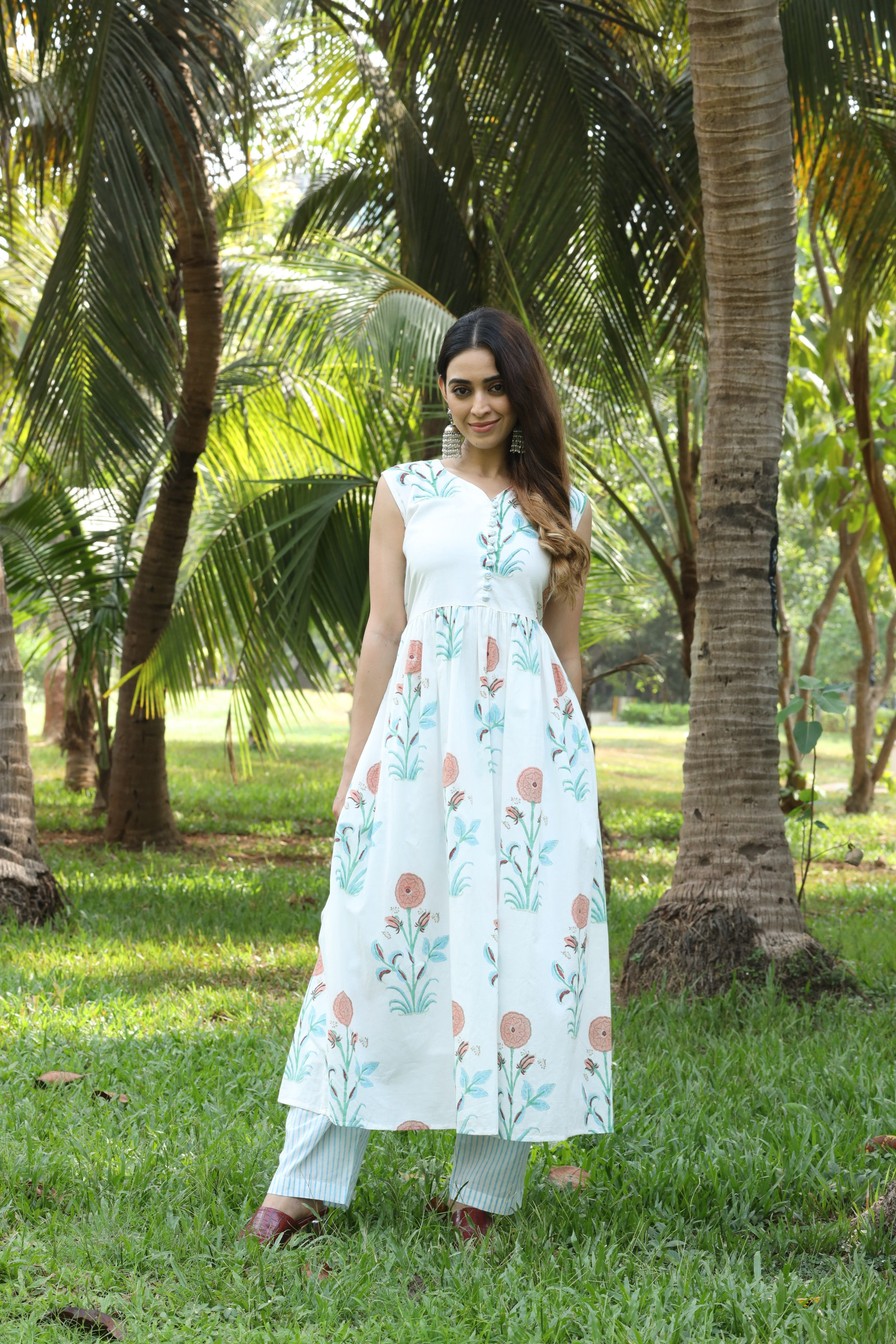 White Block Print  Mul Cotton Anarkali  Kurta Set