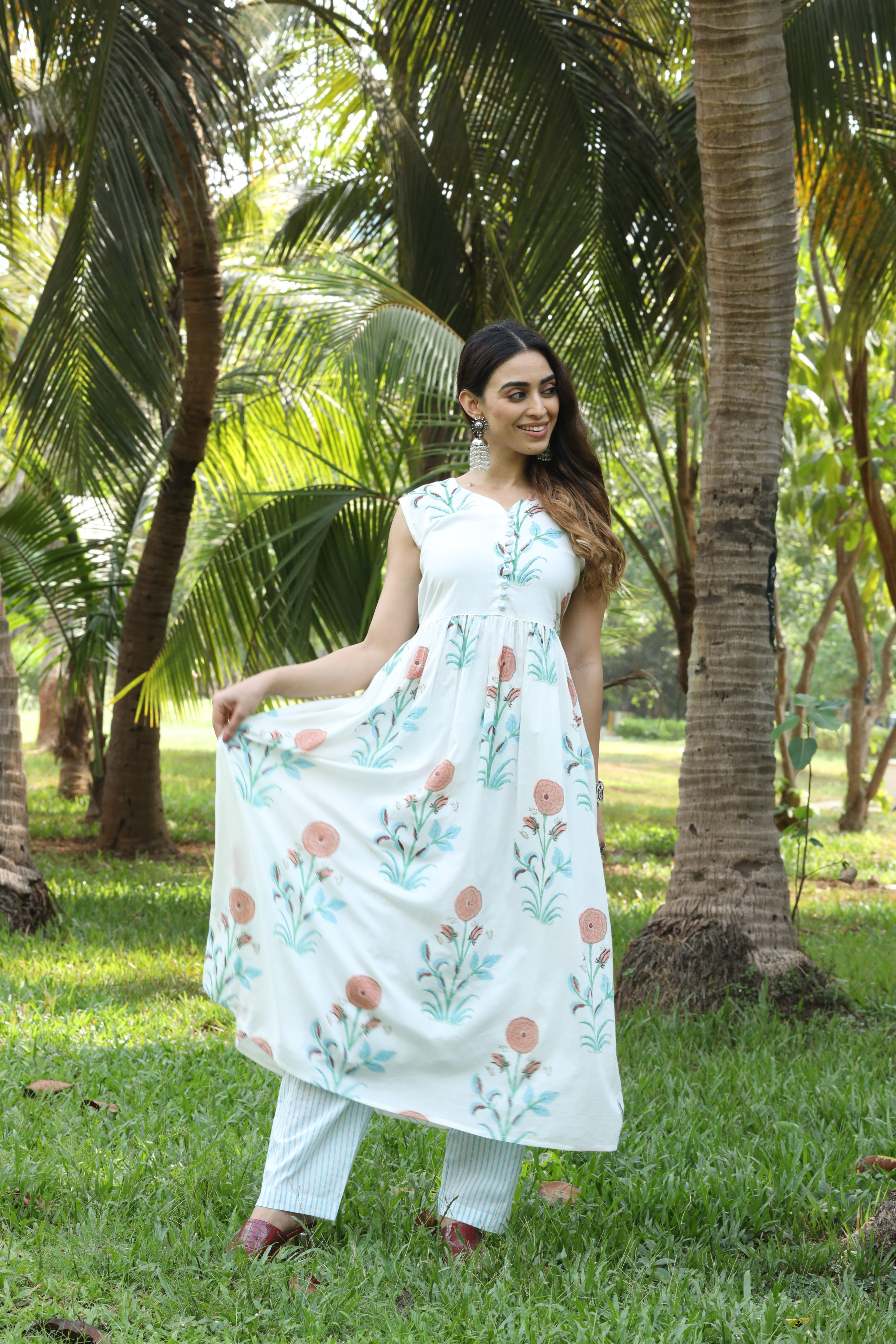 White Block Print  Mul Cotton Anarkali  Kurta Set