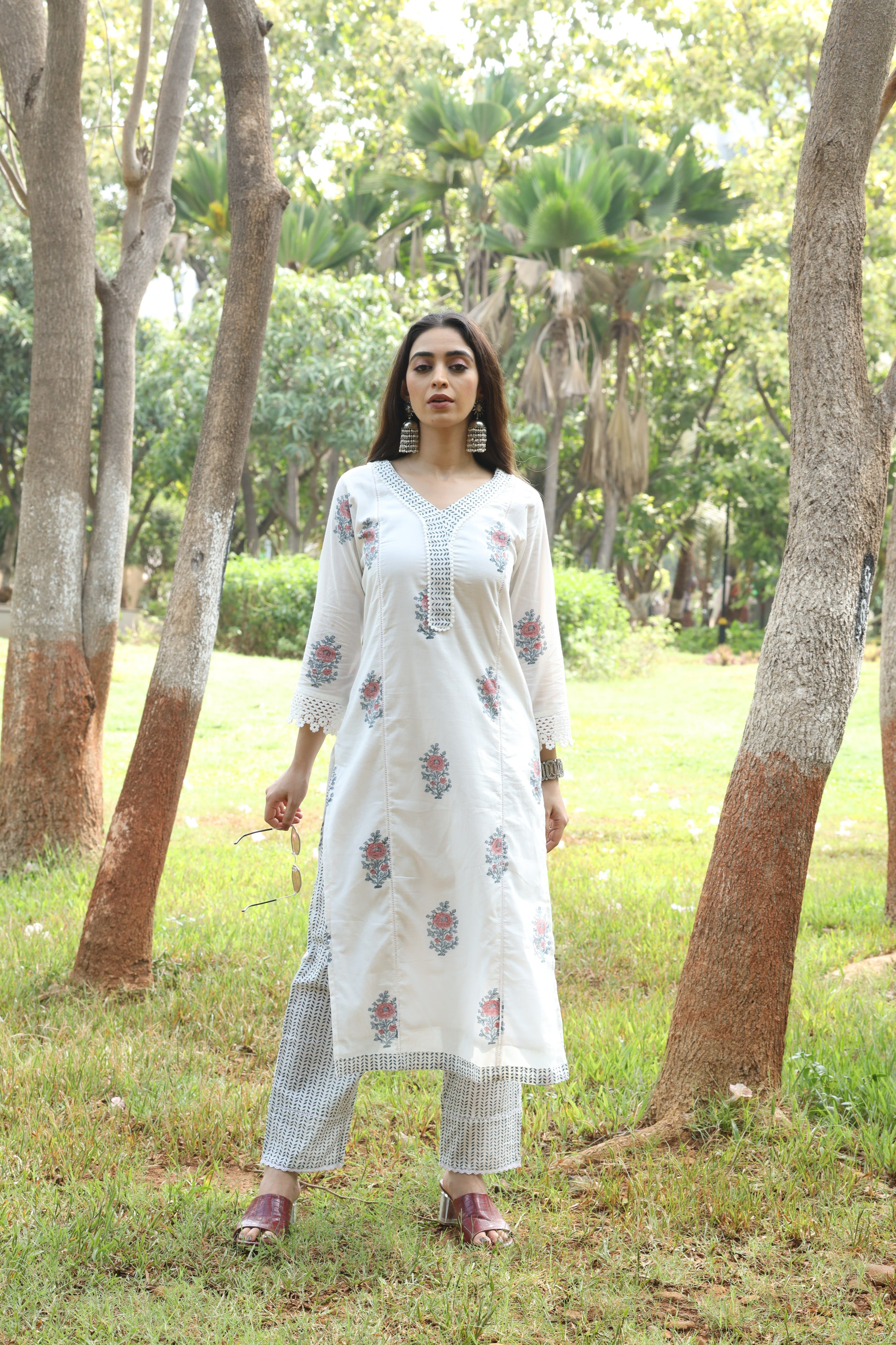 White Block print Mul Cotton Kurta set
