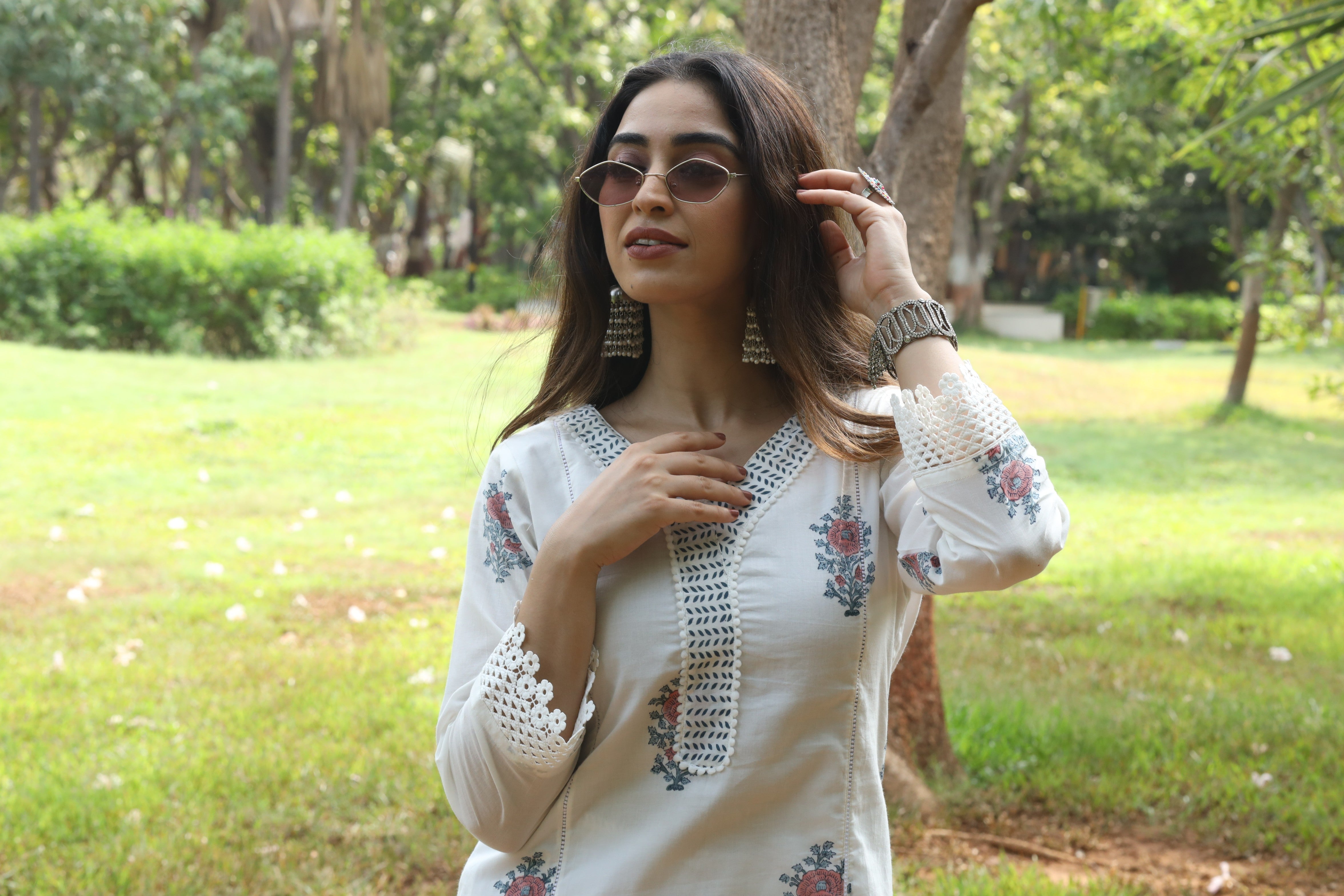 White Block print Mul Cotton Kurta set