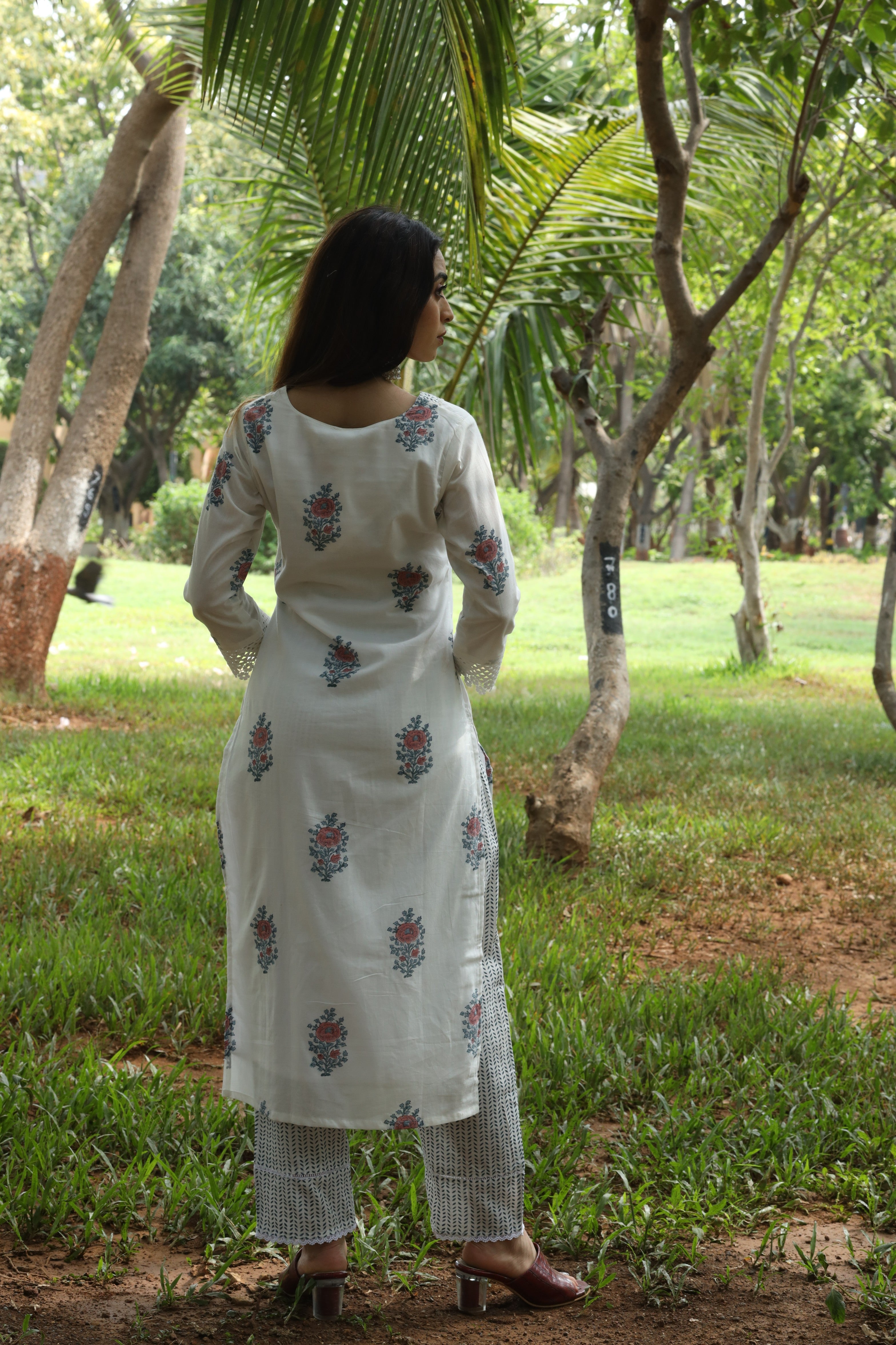 White Block print Mul Cotton Kurta set