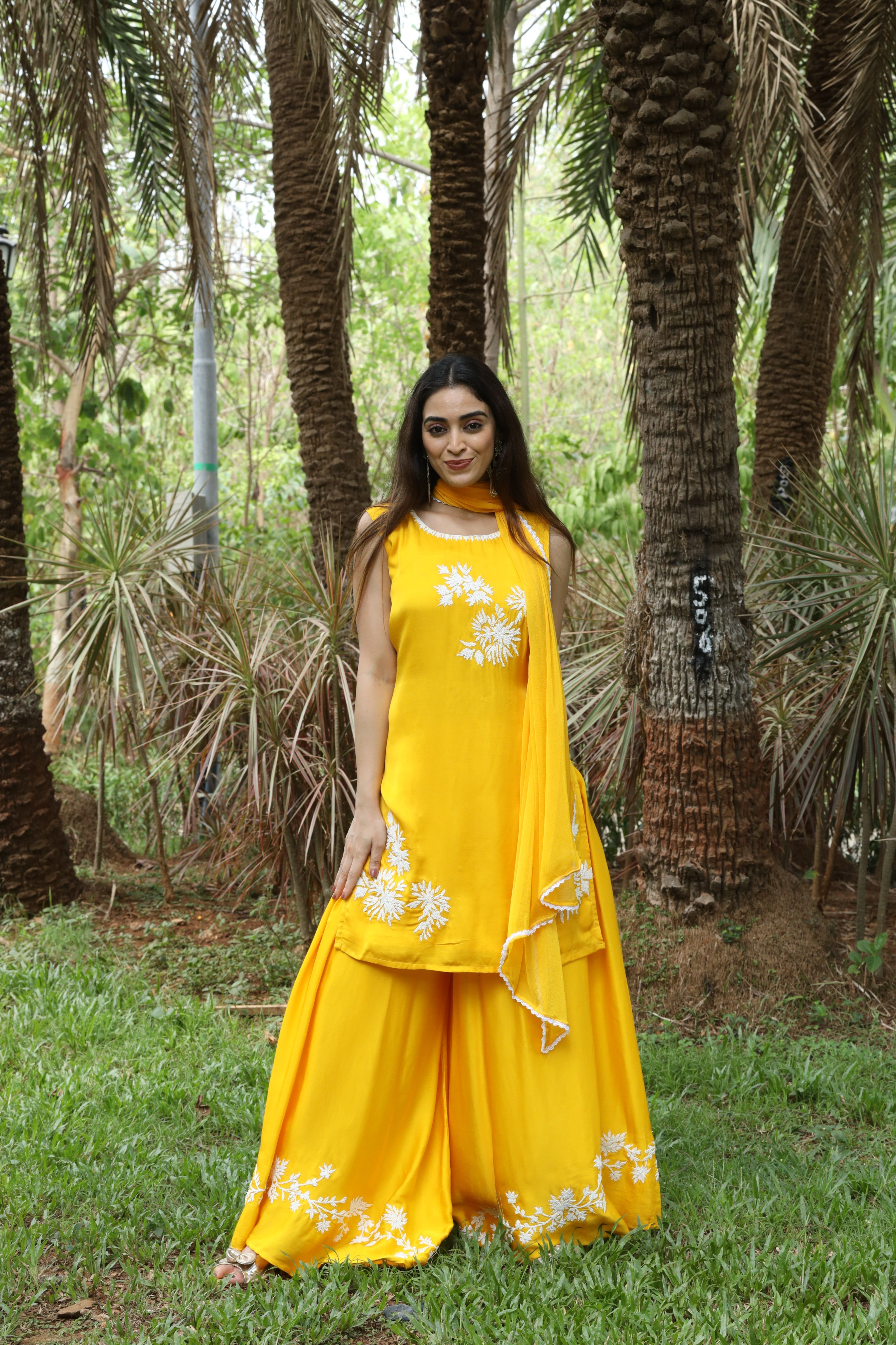 Modal Palazzo Suit Set with Hand embroidery and Chiffon dupatta