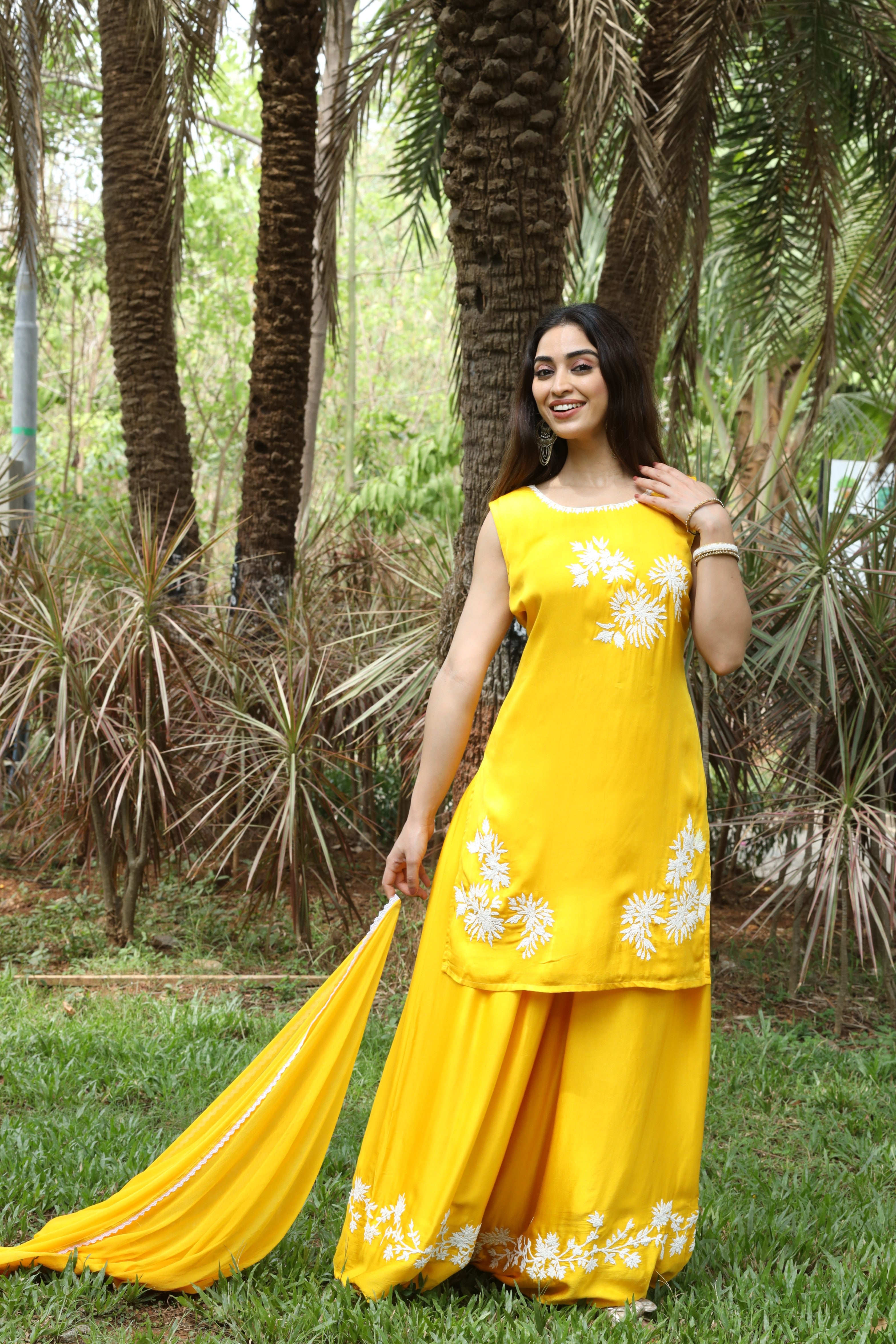 Modal Palazzo Suit Set with Hand embroidery and Chiffon dupatta