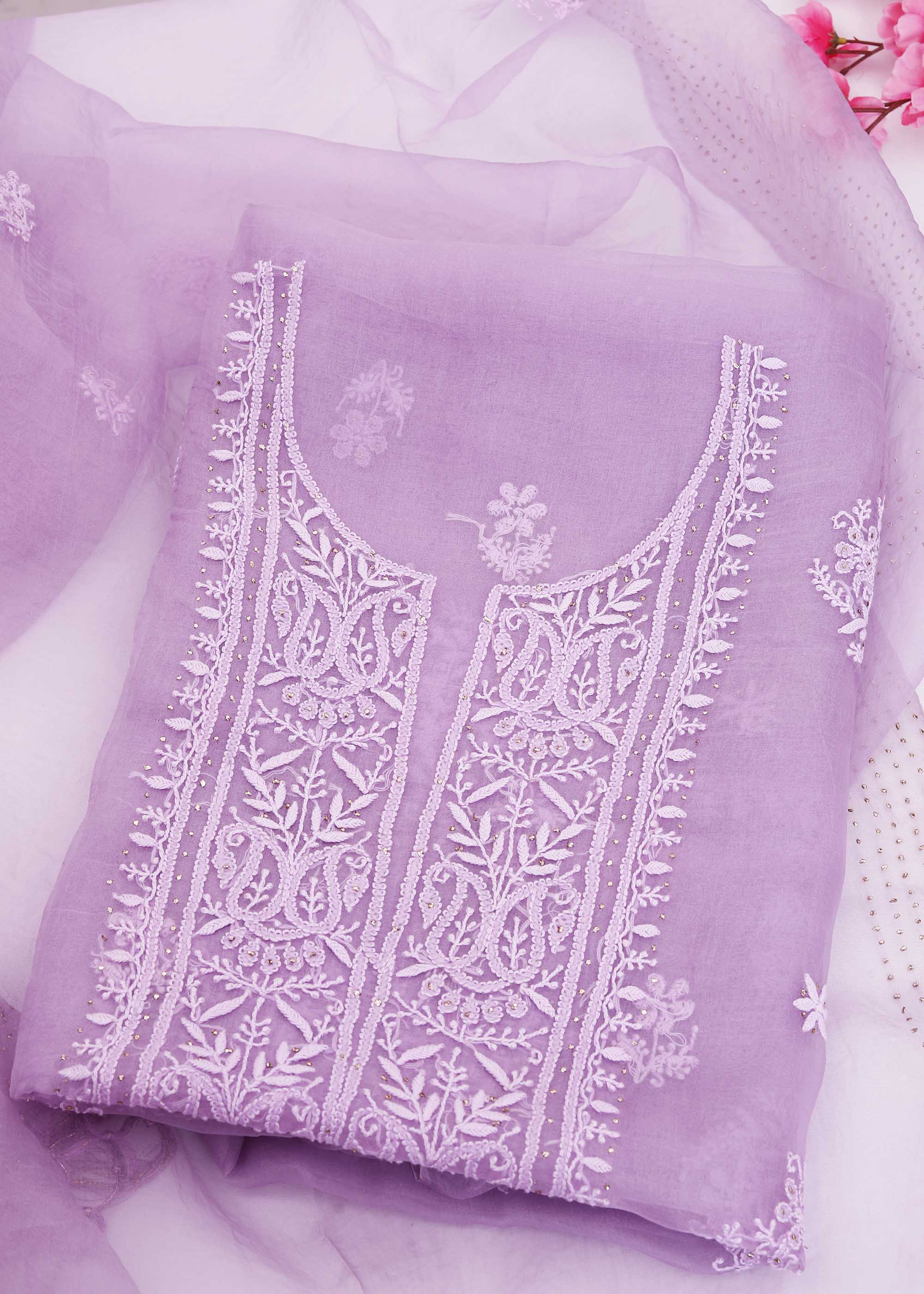 Purple Color Pure Organza kurta Dupatta material with chikankari & mukaish work