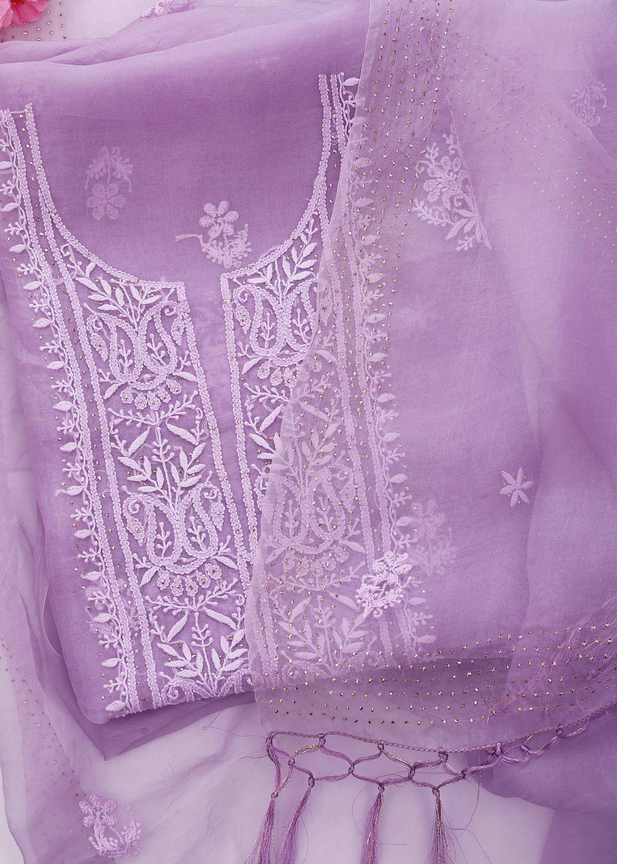 Purple Color Pure Organza kurta Dupatta material with chikankari & mukaish work