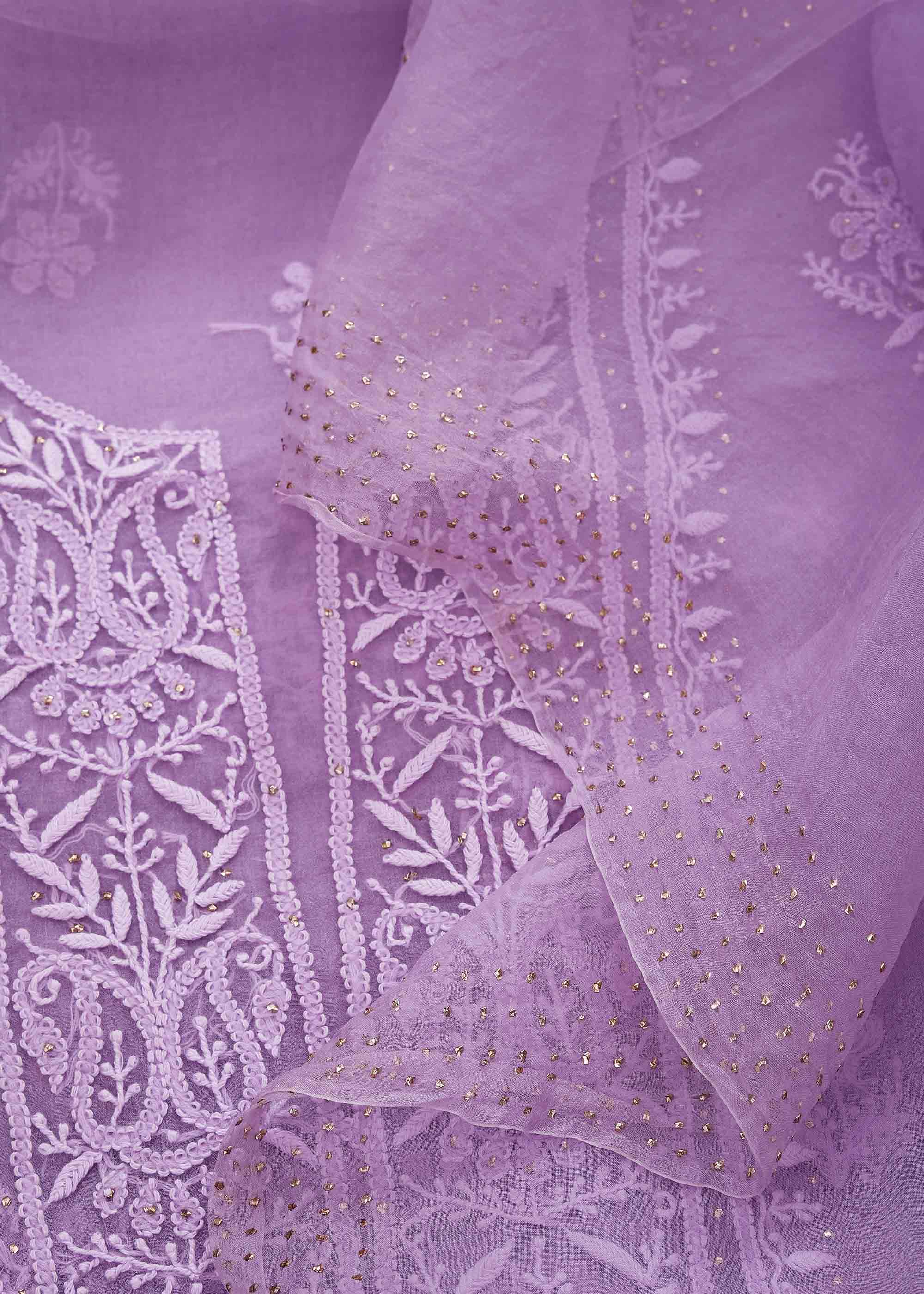 Purple Color Pure Organza kurta Dupatta material with chikankari & mukaish work