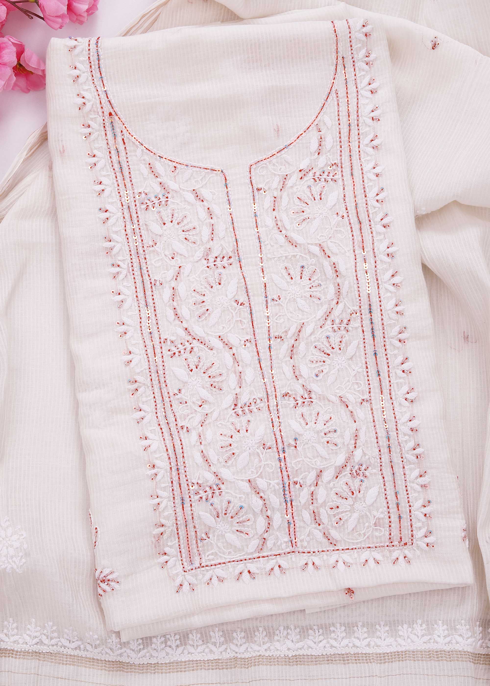 White & Red color Maheshwari Chanderi Kurta Dupatta material