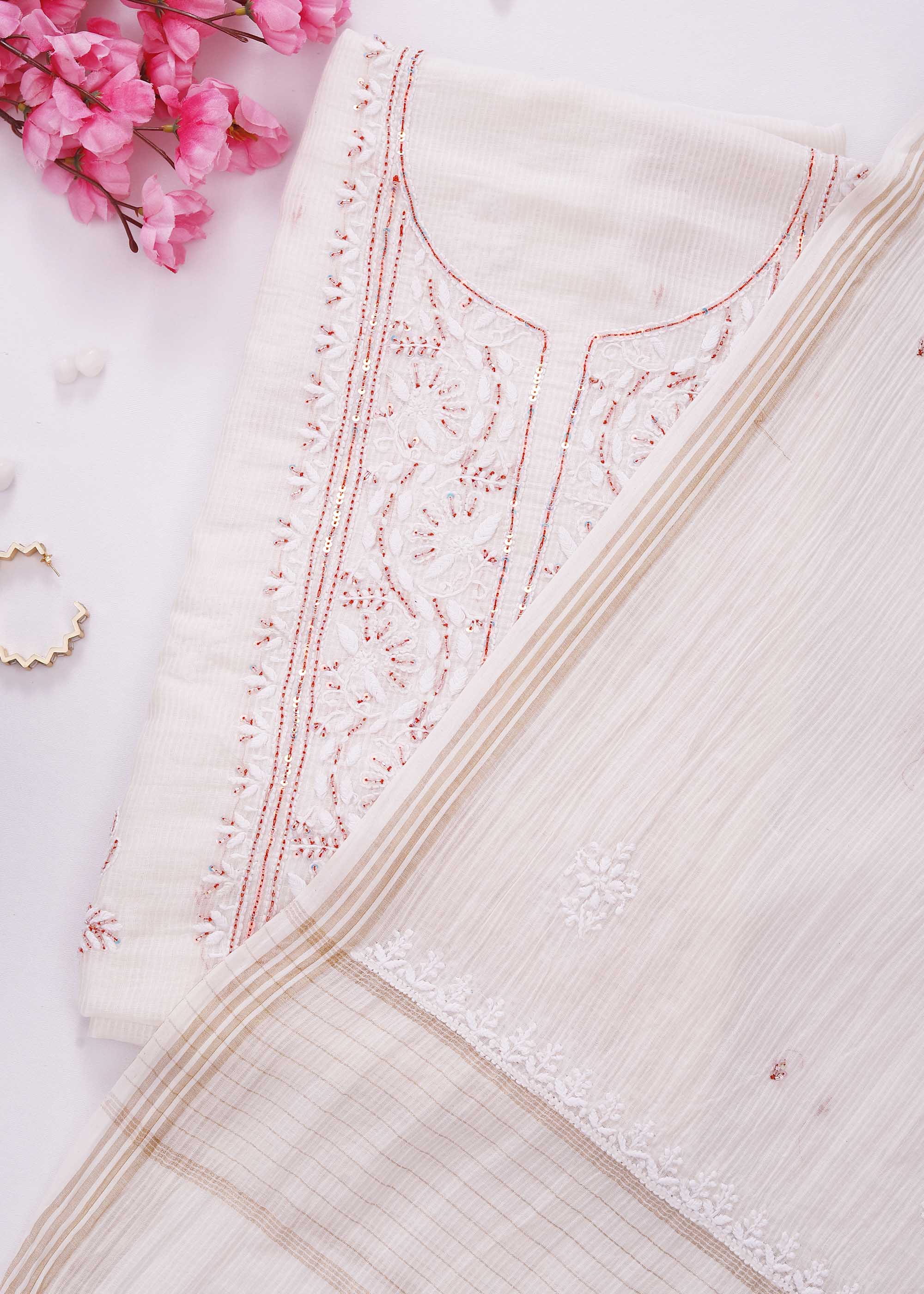 White & Red color Maheshwari Chanderi Kurta Dupatta material