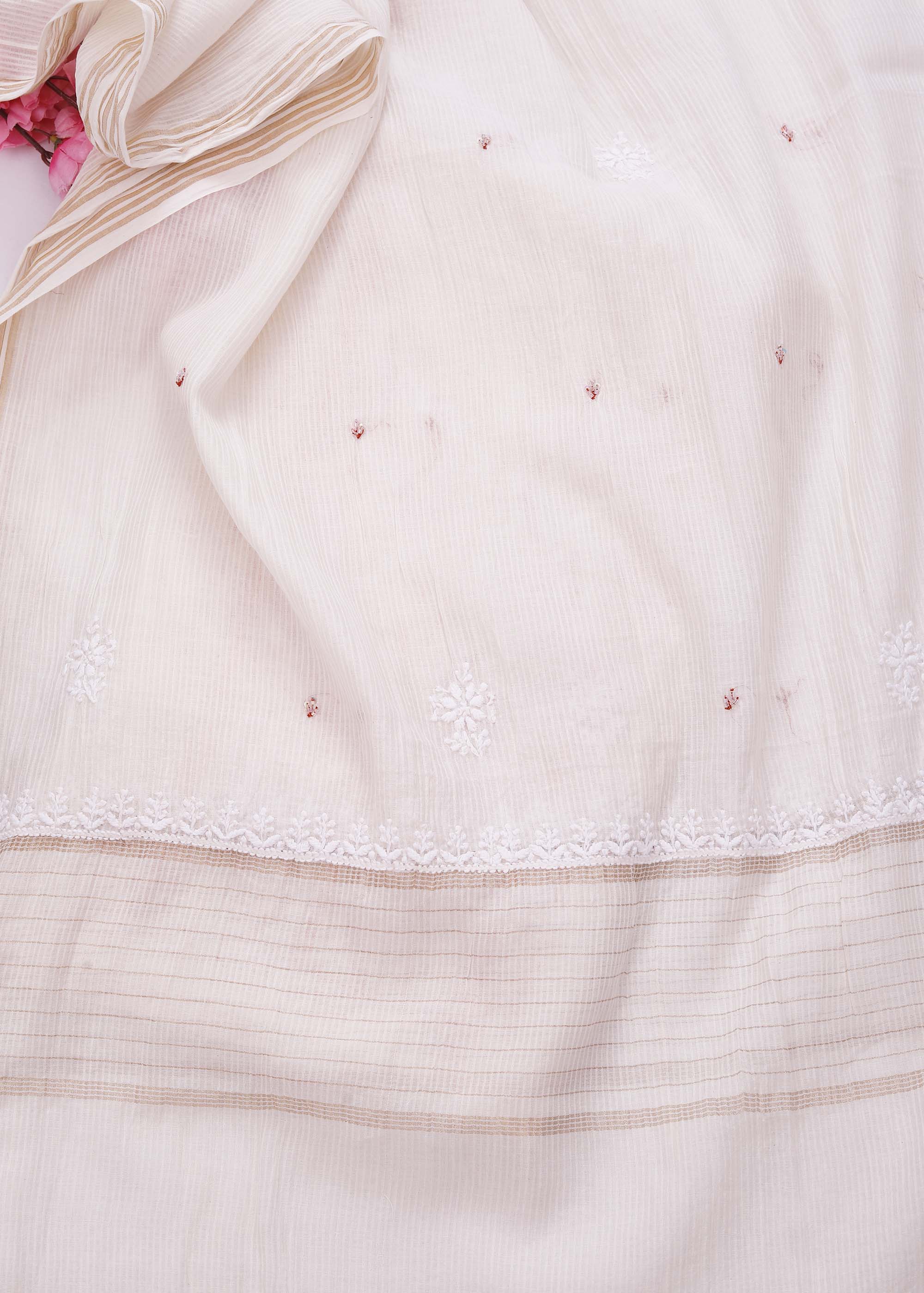 White & Red color Maheshwari Chanderi Kurta Dupatta material