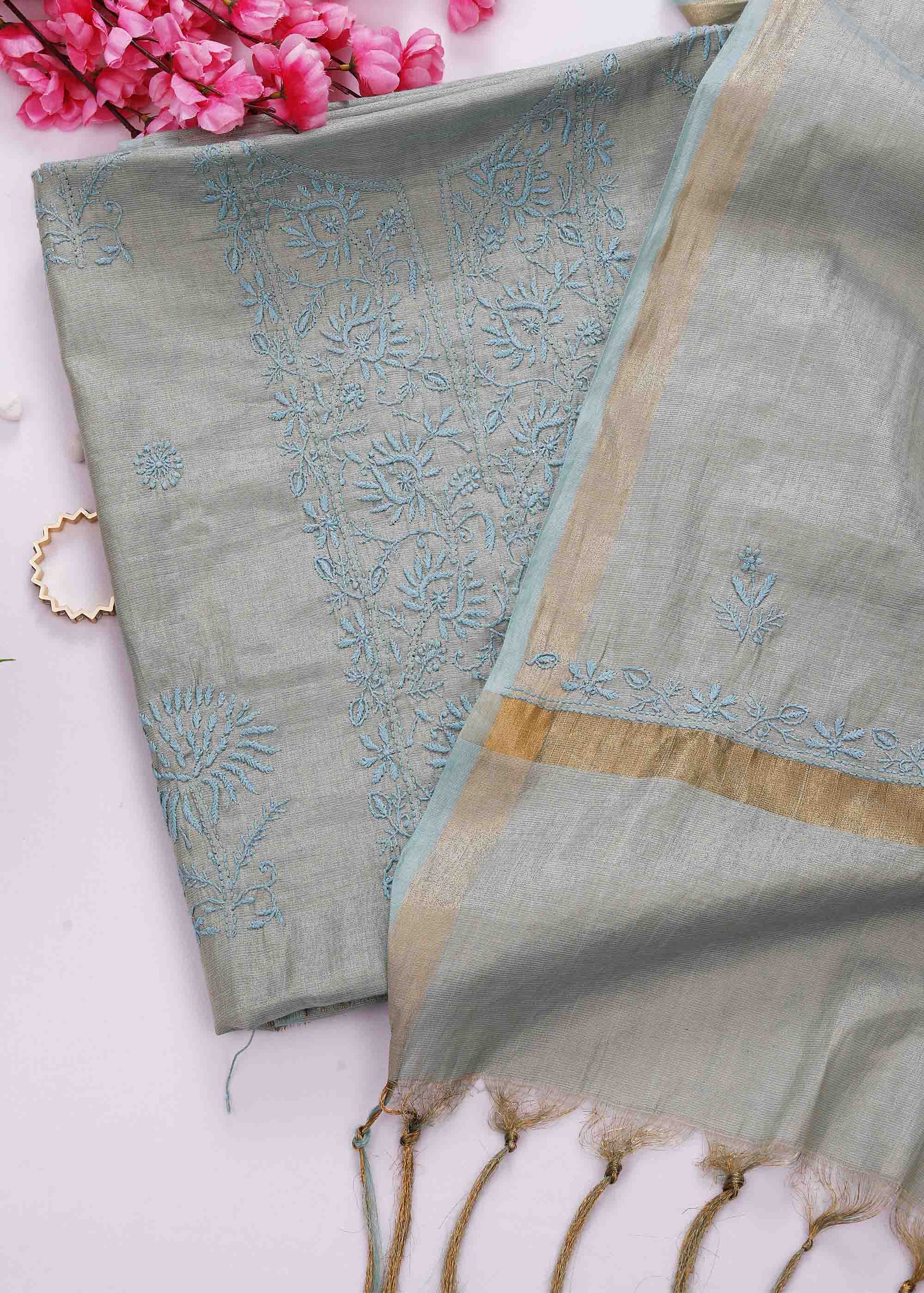 Green Color Tissue Chanderi Kurta Set with Dupatta