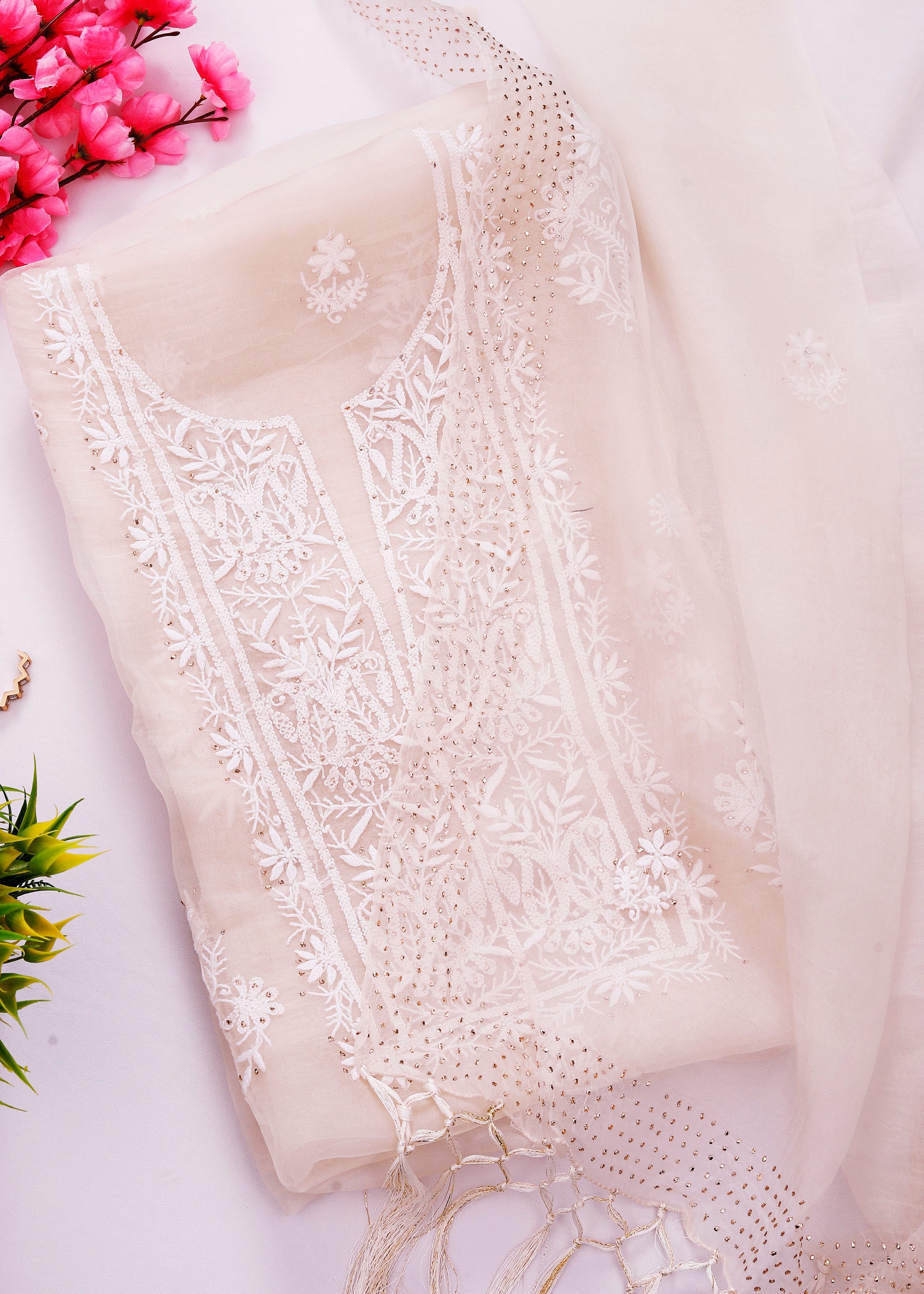 Off White Color Pure Organza kurta Dupatta material with chikankari & mukaish work