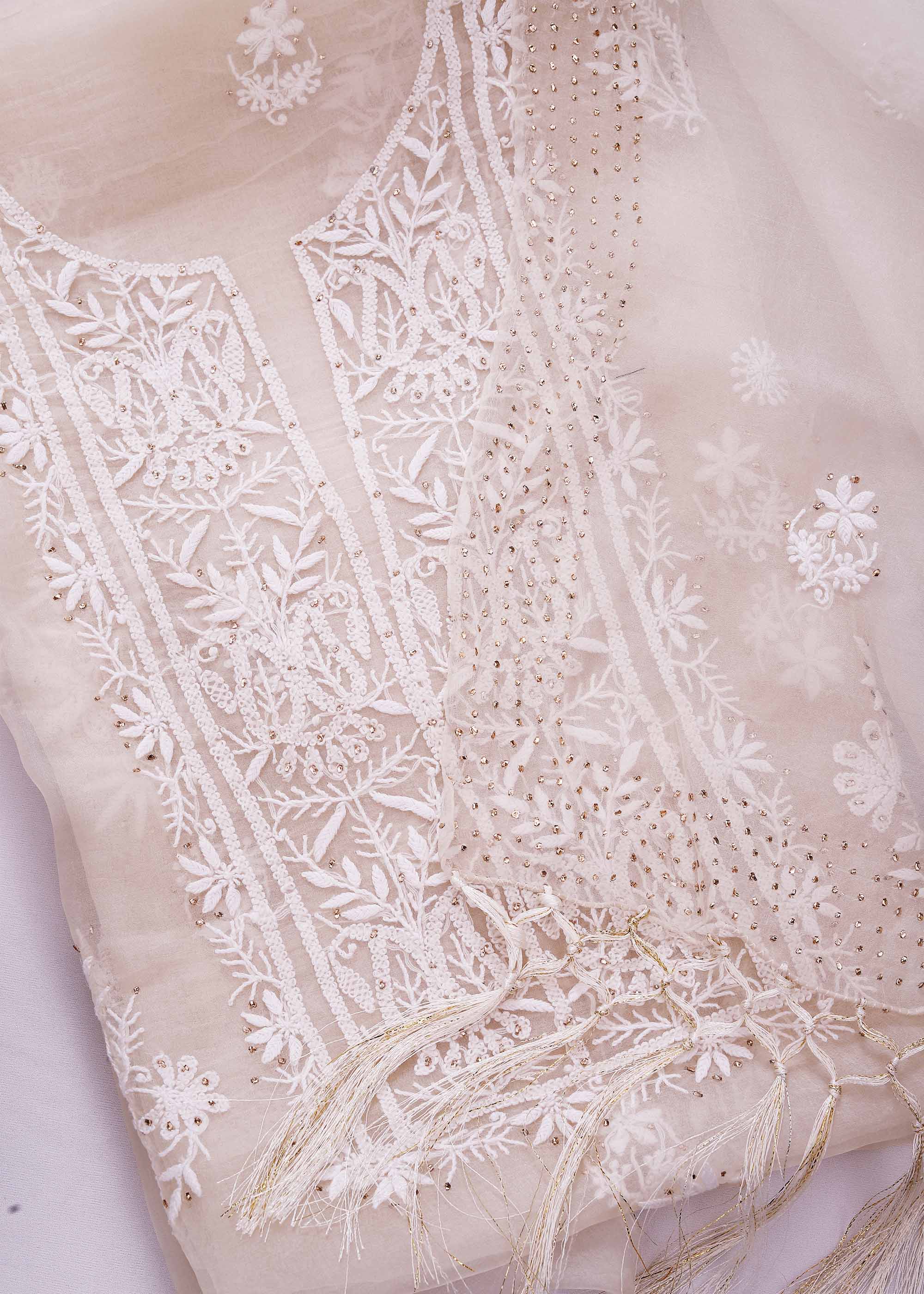 Off White Color Pure Organza kurta Dupatta material with chikankari & mukaish work