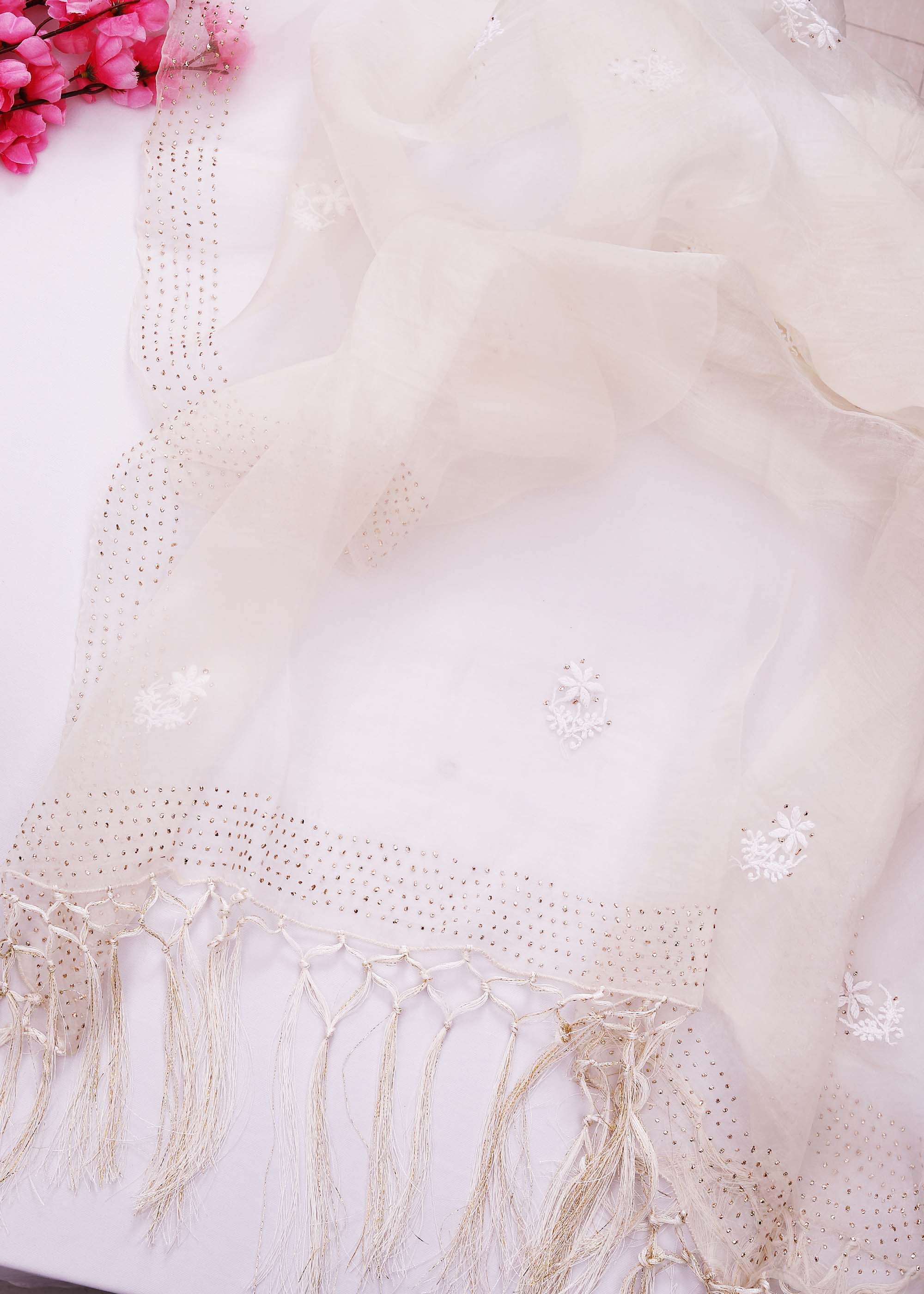 Off White Color Pure Organza kurta Dupatta material with chikankari & mukaish work