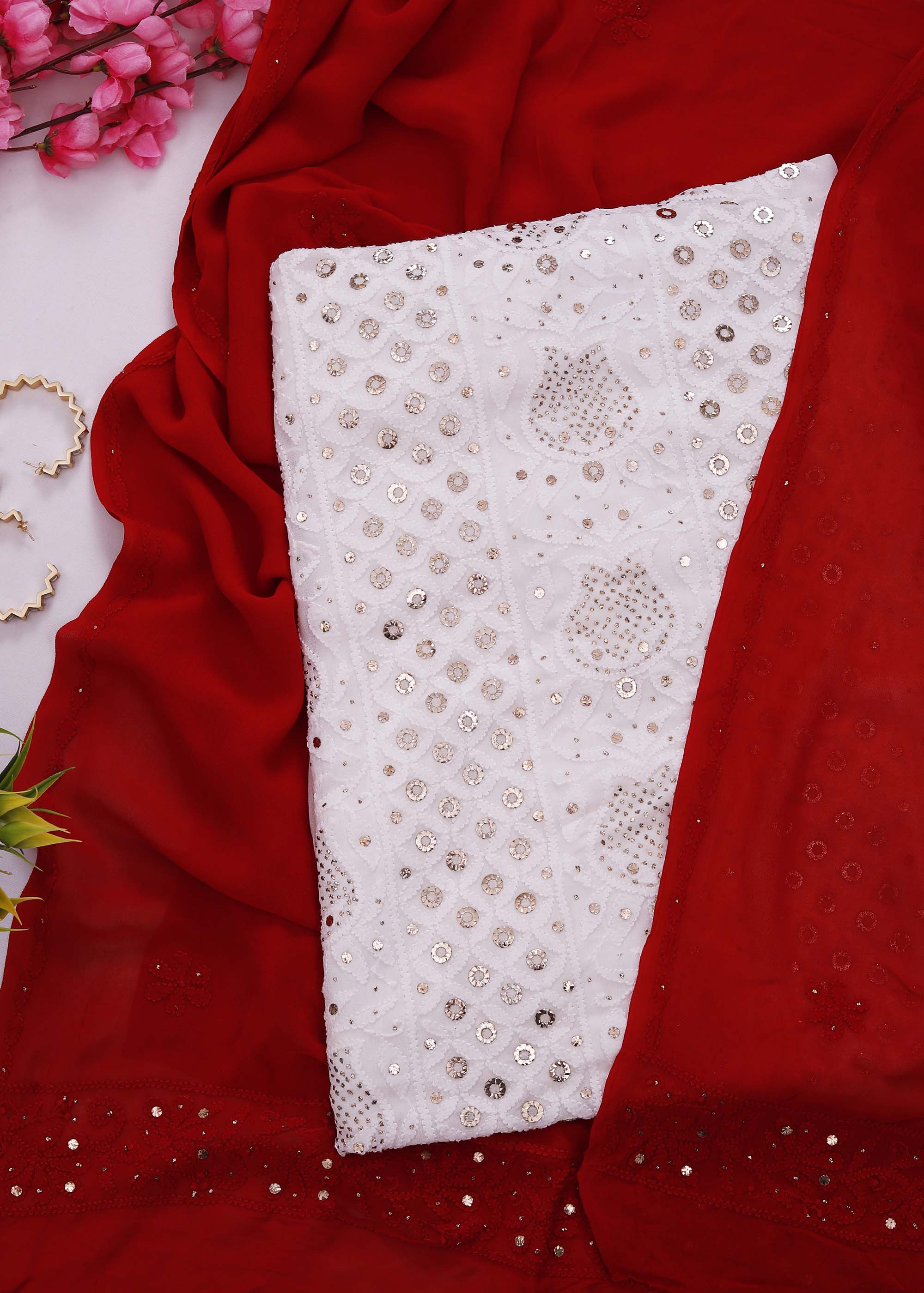 White & Red color Viscose Kurta with Red Dupatta and Ring Mukaish work