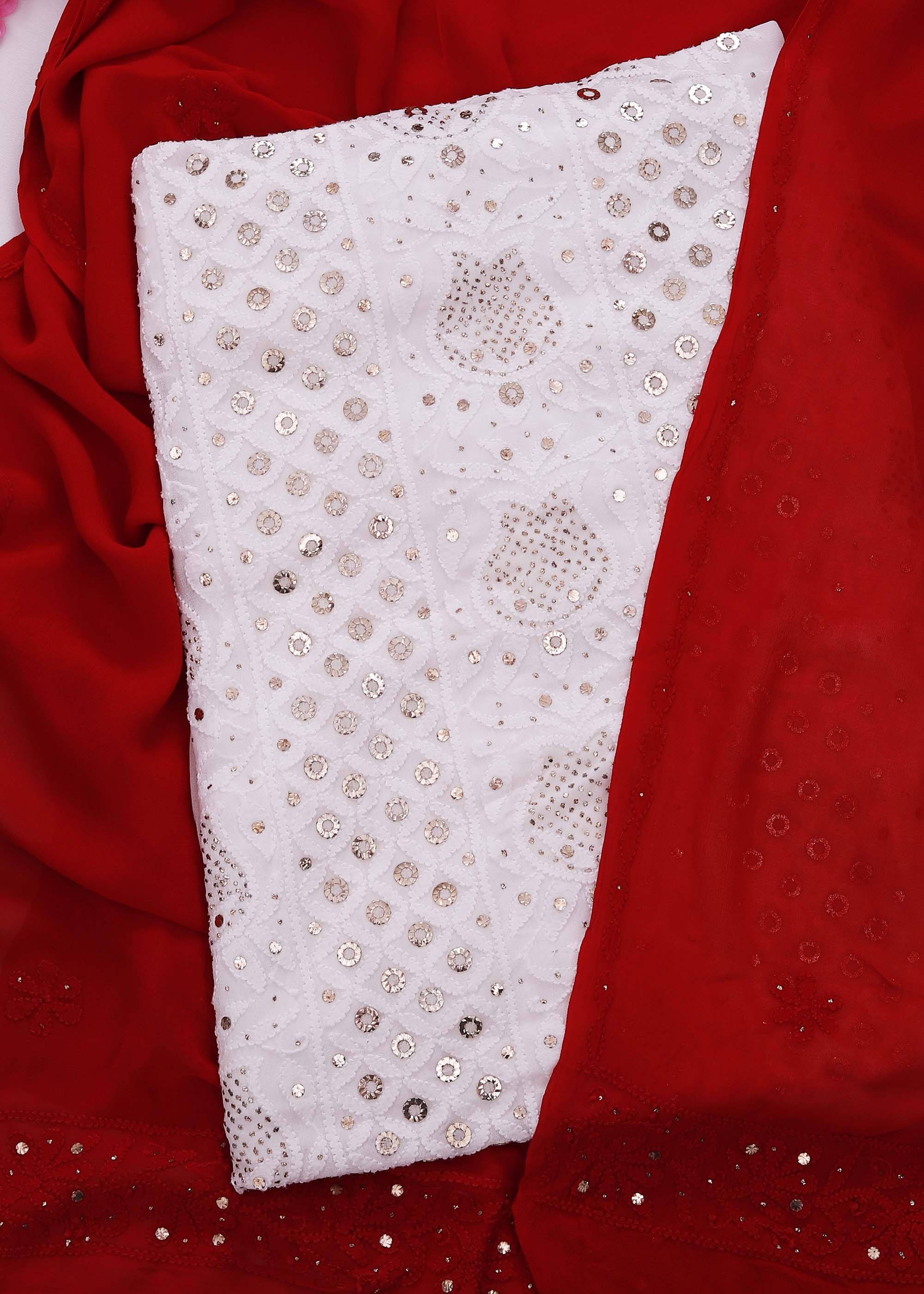 White & Red color Viscose Kurta with Red Dupatta and Ring Mukaish work