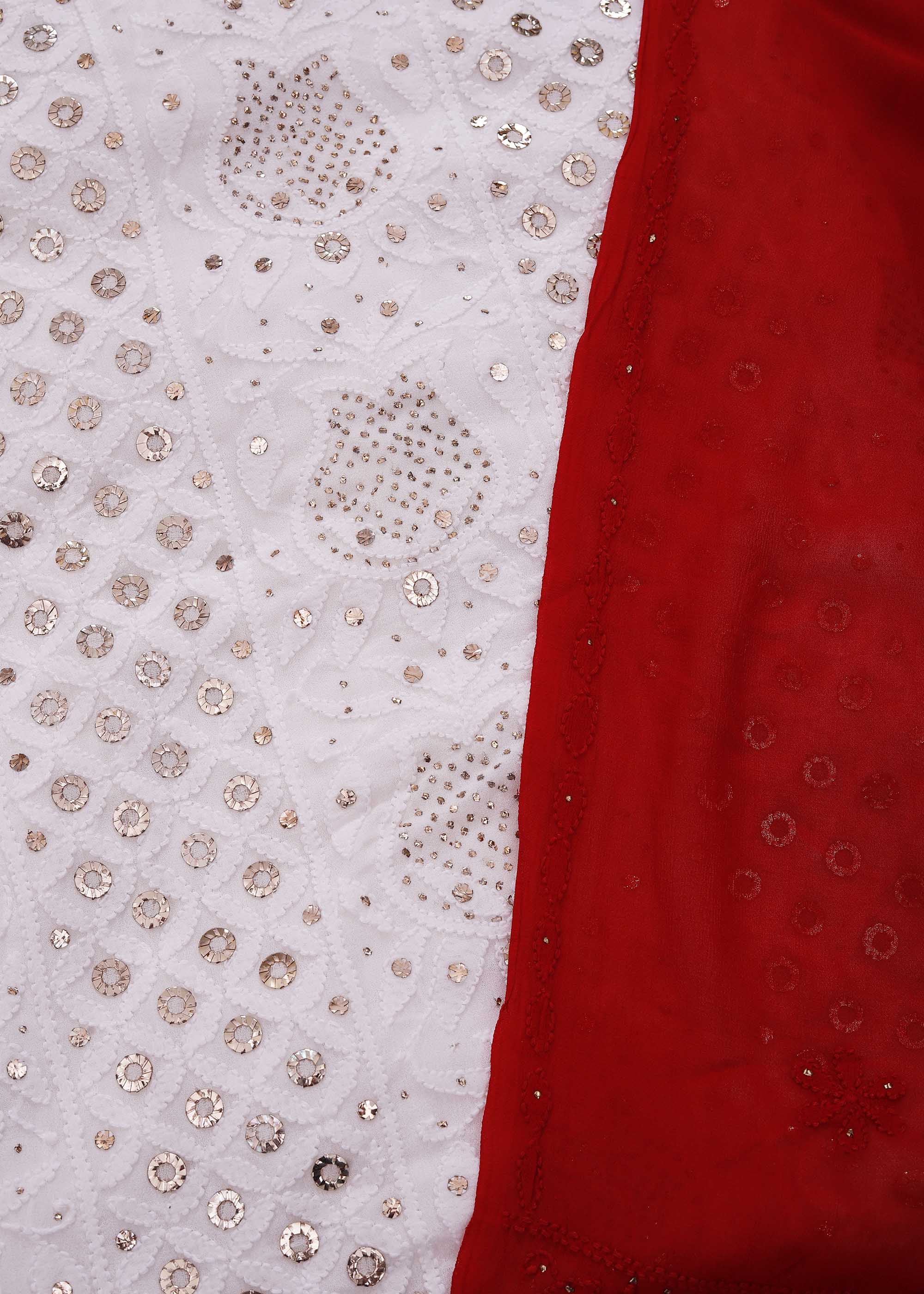 White & Red color Viscose Kurta with Red Dupatta and Ring Mukaish work