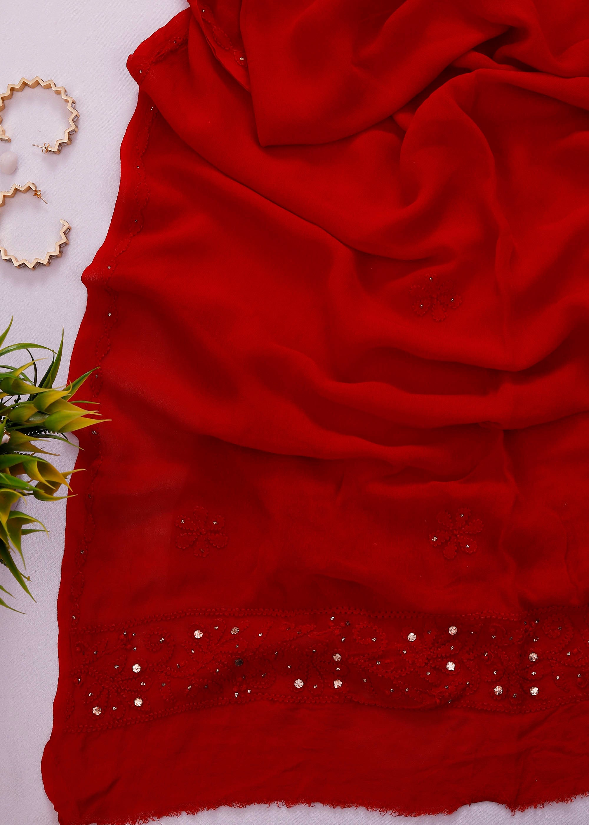 White & Red color Viscose Kurta with Red Dupatta and Ring Mukaish work