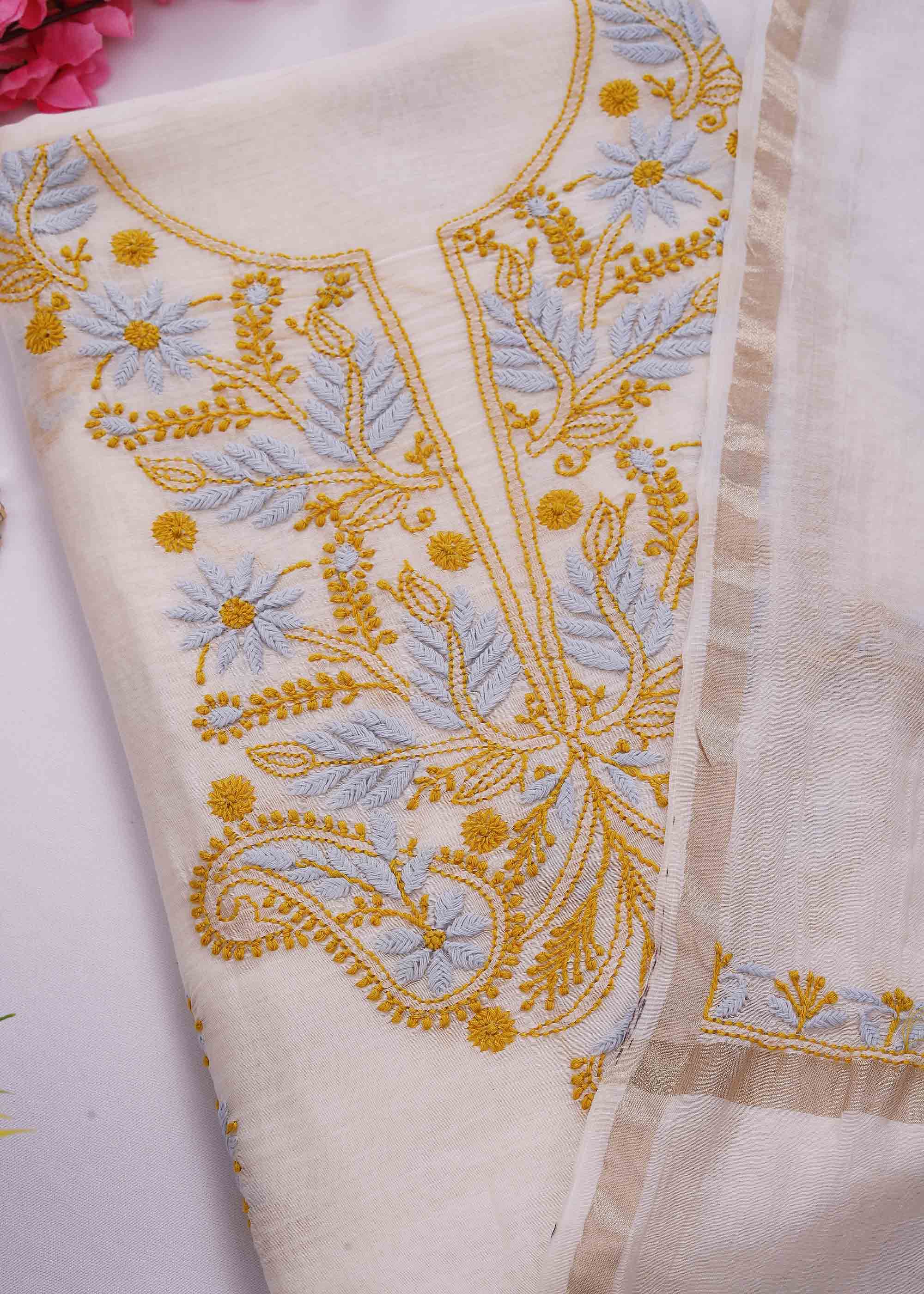 White & Mustard Yellow color Mul Chanderi kurta dupatta material with Chikankari work
