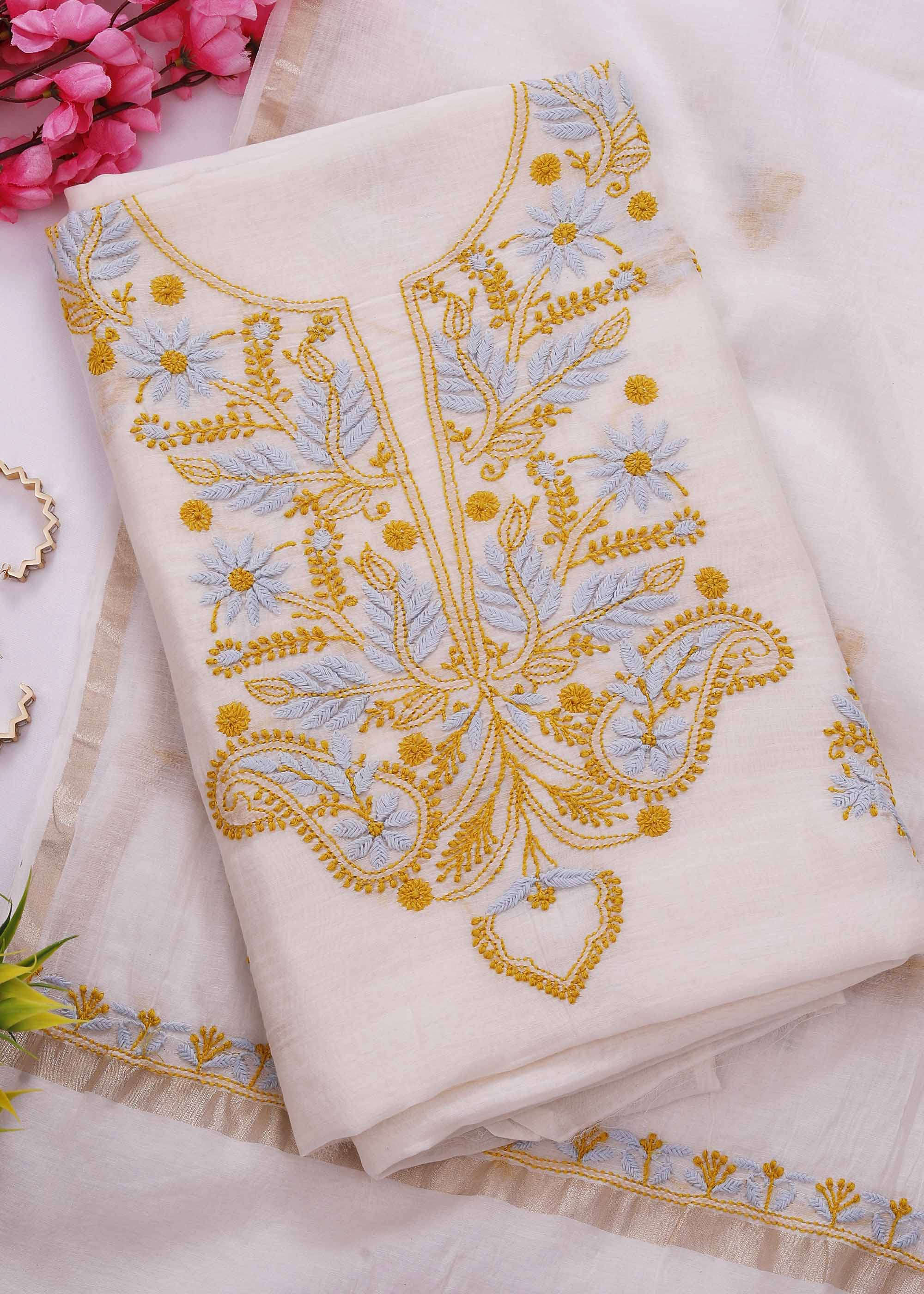 White & Mustard Yellow color Mul Chanderi kurta dupatta material with Chikankari work