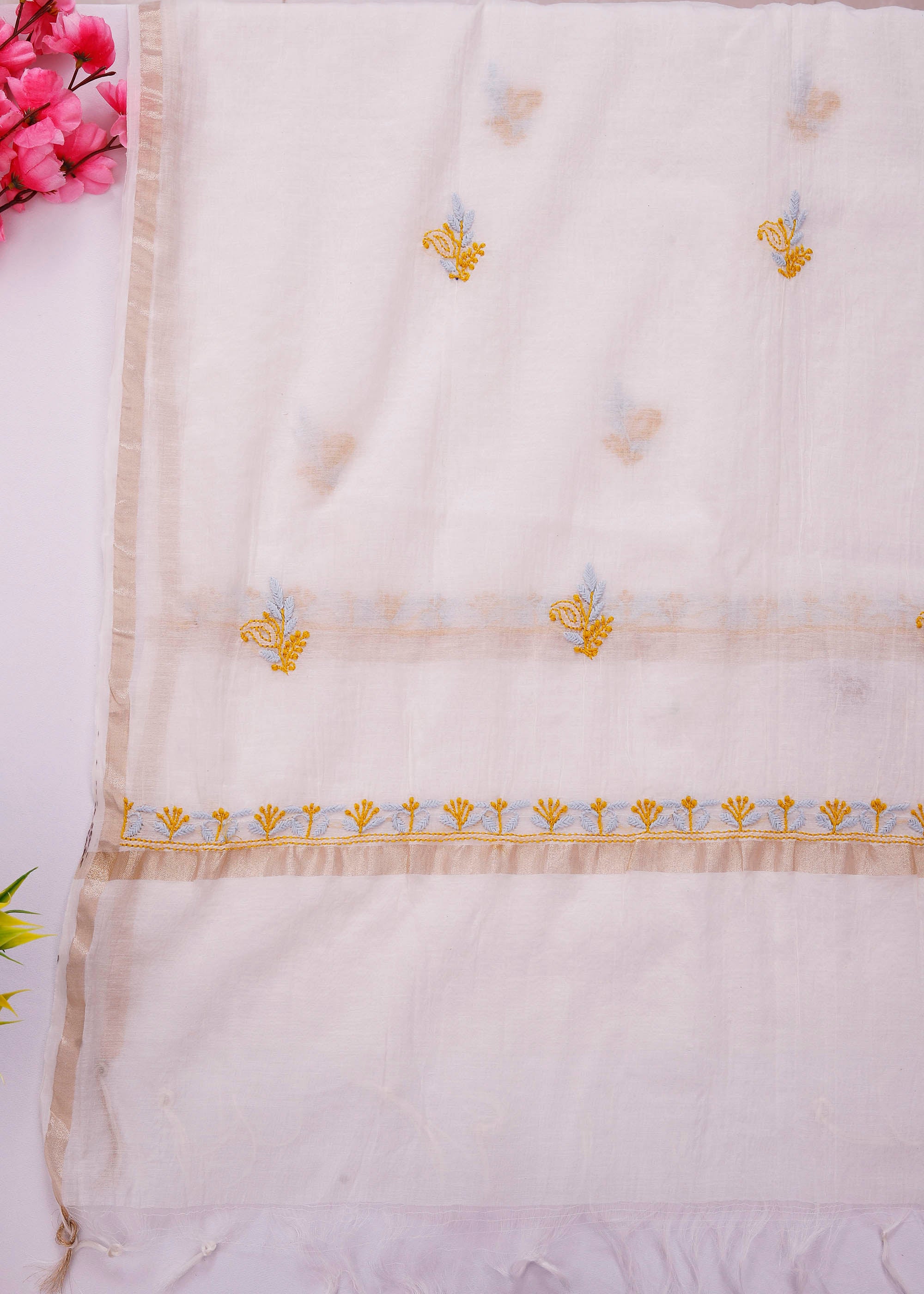 White & Mustard Yellow color Mul Chanderi kurta dupatta material with Chikankari work