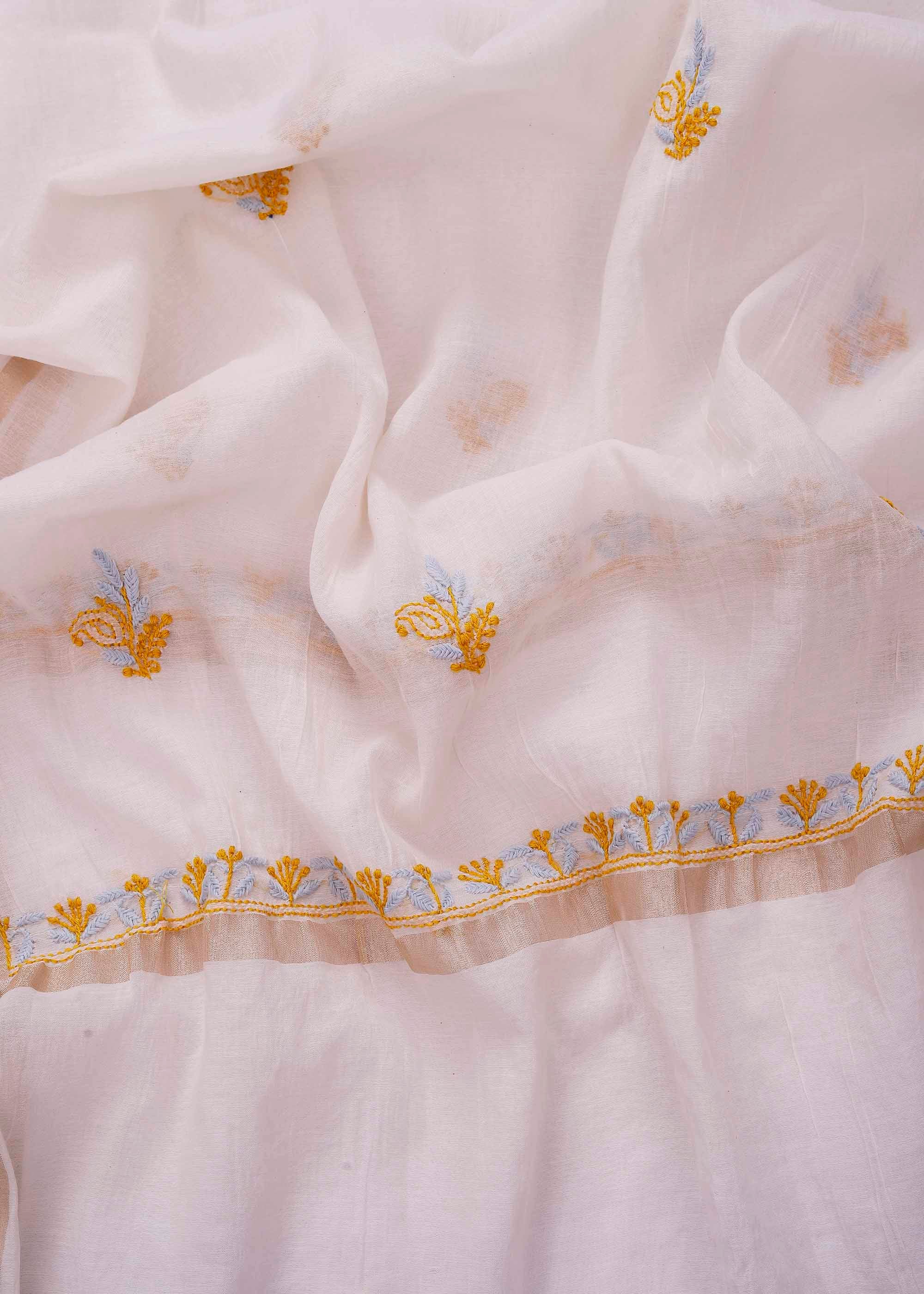 White & Mustard Yellow color Mul Chanderi kurta dupatta material with Chikankari work