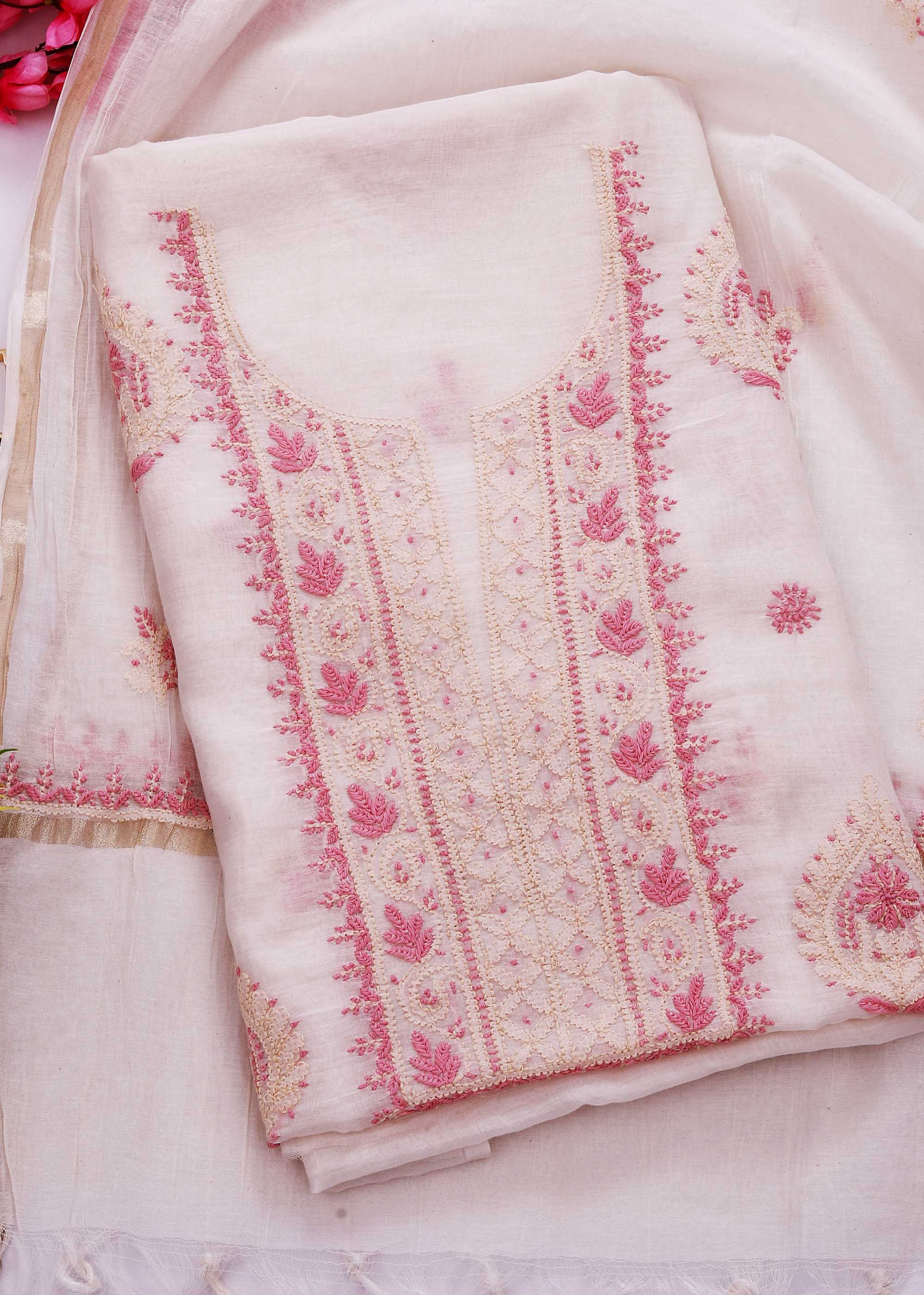 White & pink color Mul Chanderi kurta dupatta material with Chikankari work