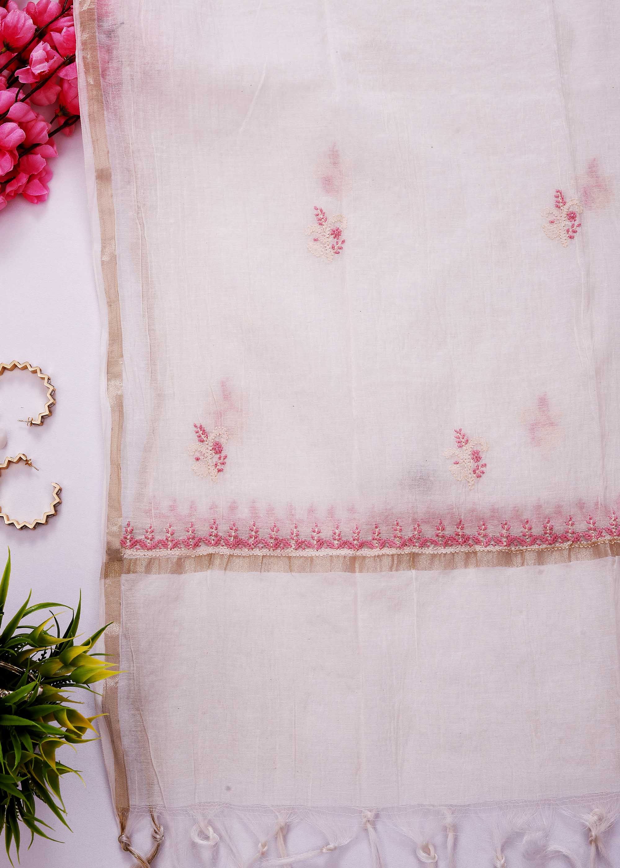 White & pink color Mul Chanderi kurta dupatta material with Chikankari work