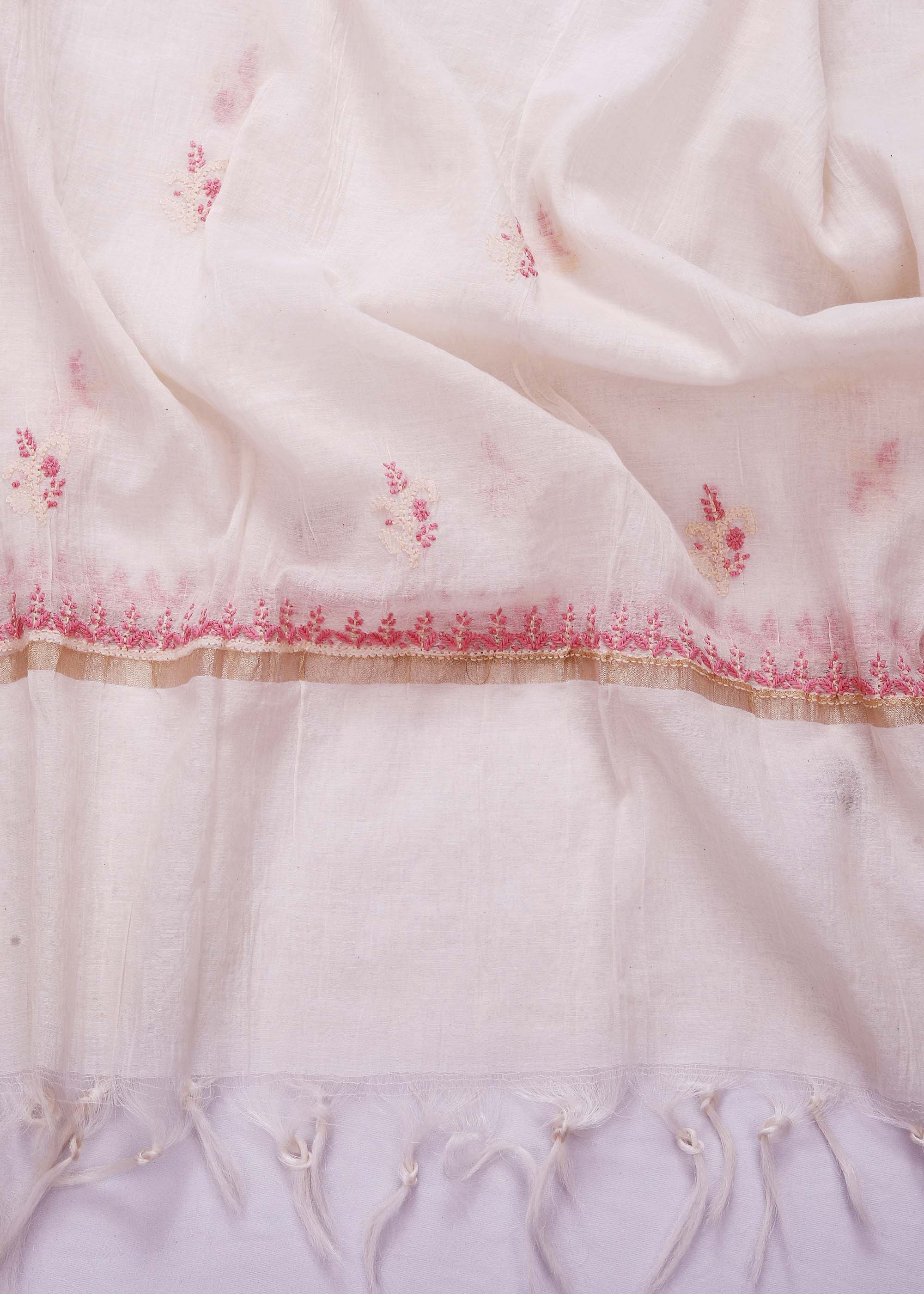 White & pink color Mul Chanderi kurta dupatta material with Chikankari work