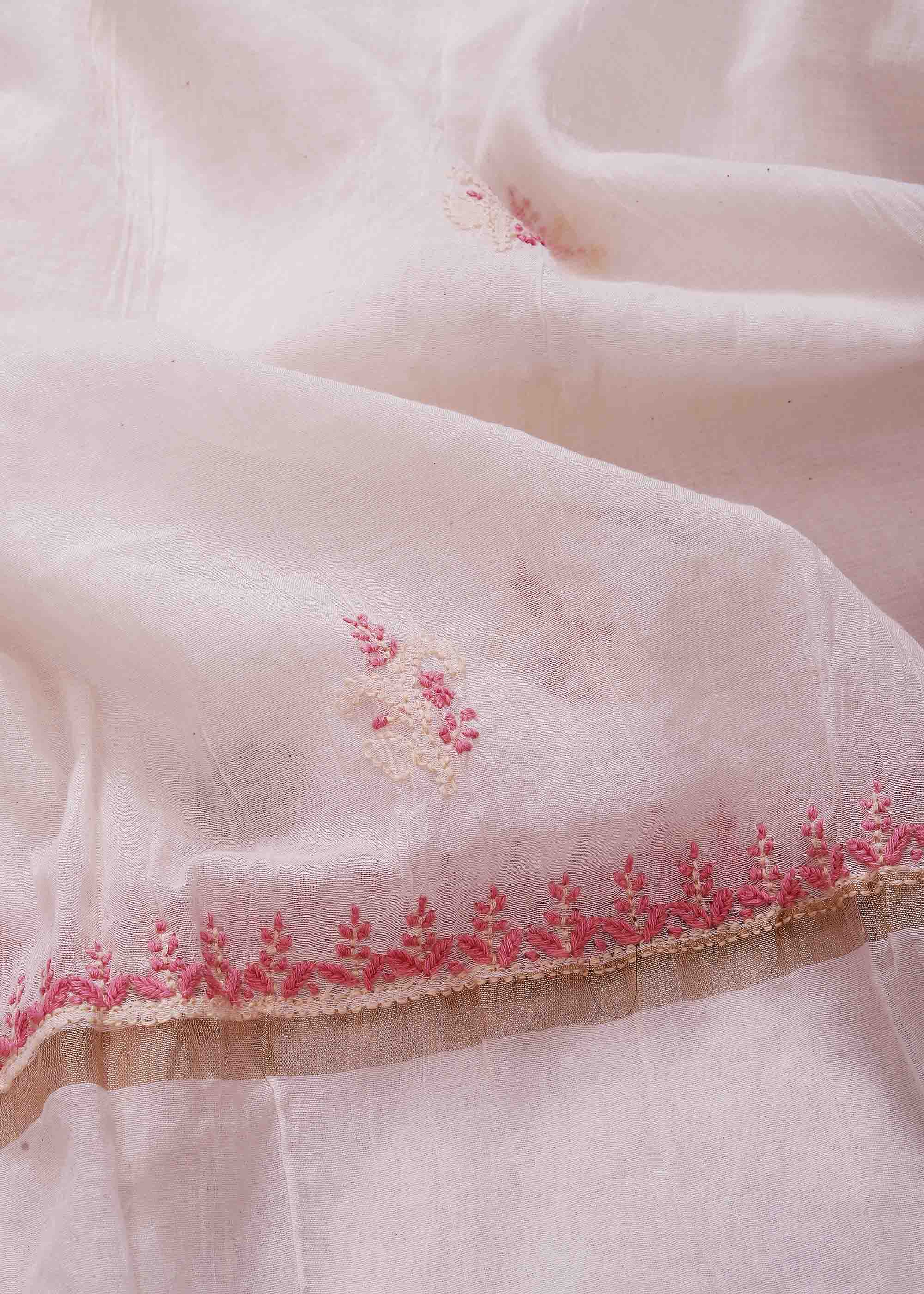 White & pink color Mul Chanderi kurta dupatta material with Chikankari work