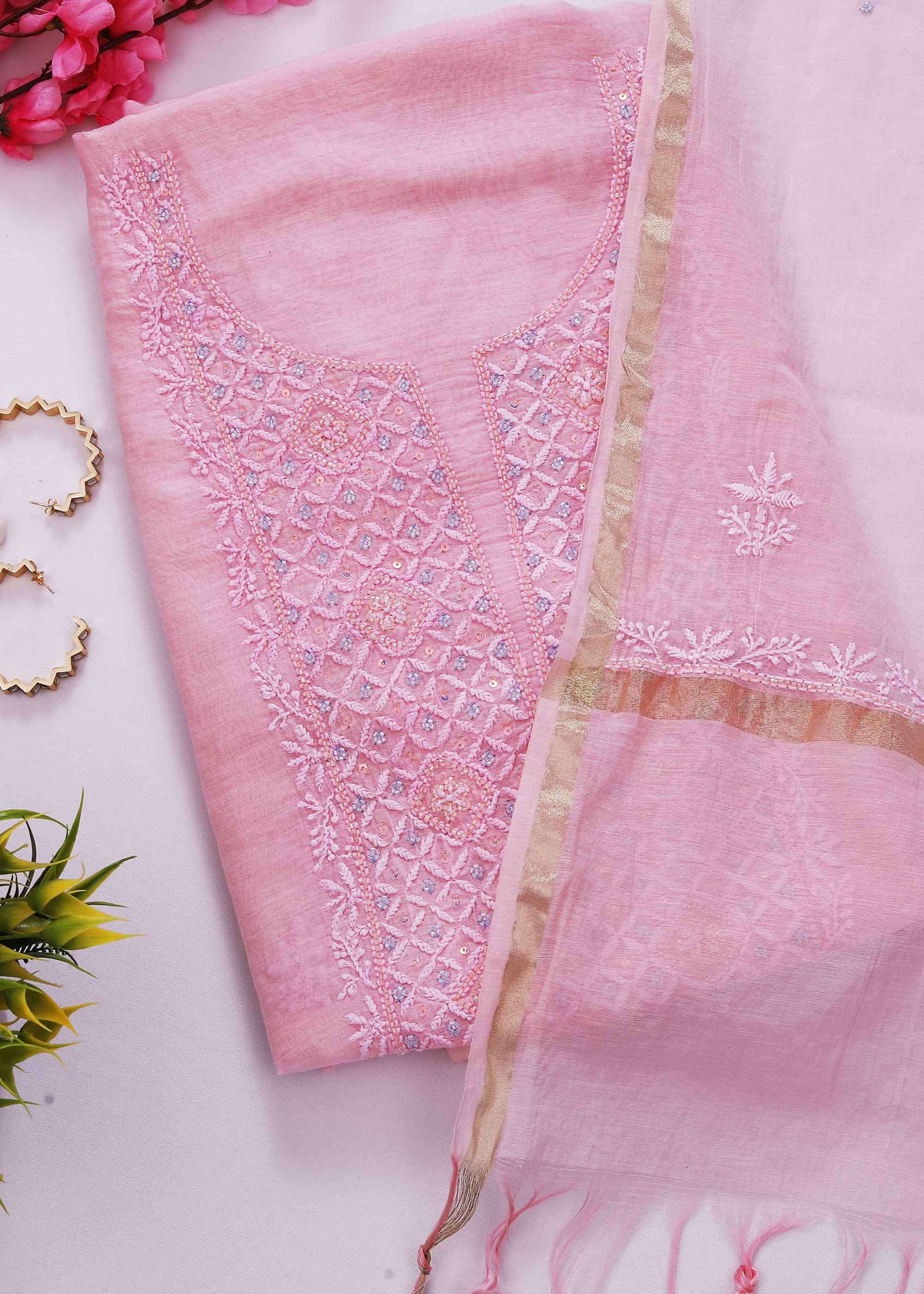 Pink Color Mul Mul Chanderi kurta dupatta set with pearl work
