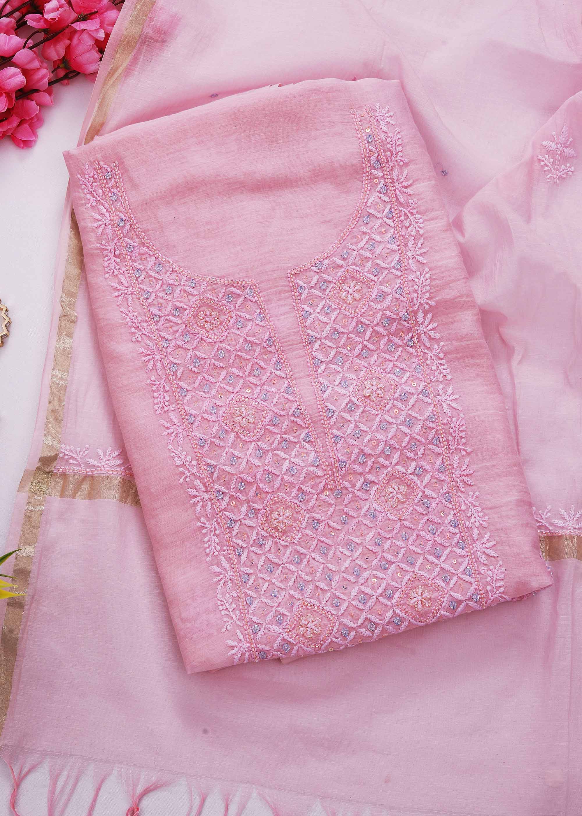 Pink Color Mul Mul Chanderi kurta dupatta set with pearl work