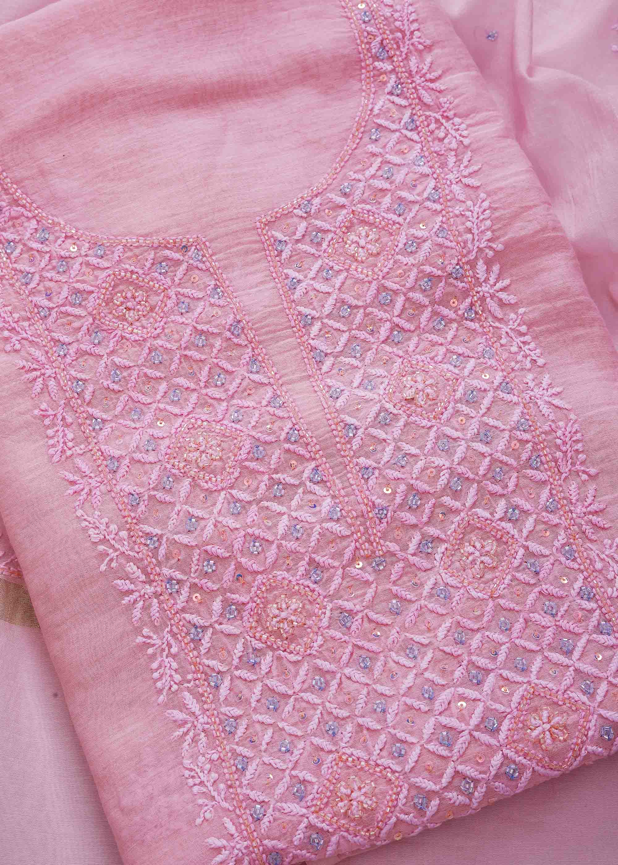 Pink Color Mul Mul Chanderi kurta dupatta set with pearl work