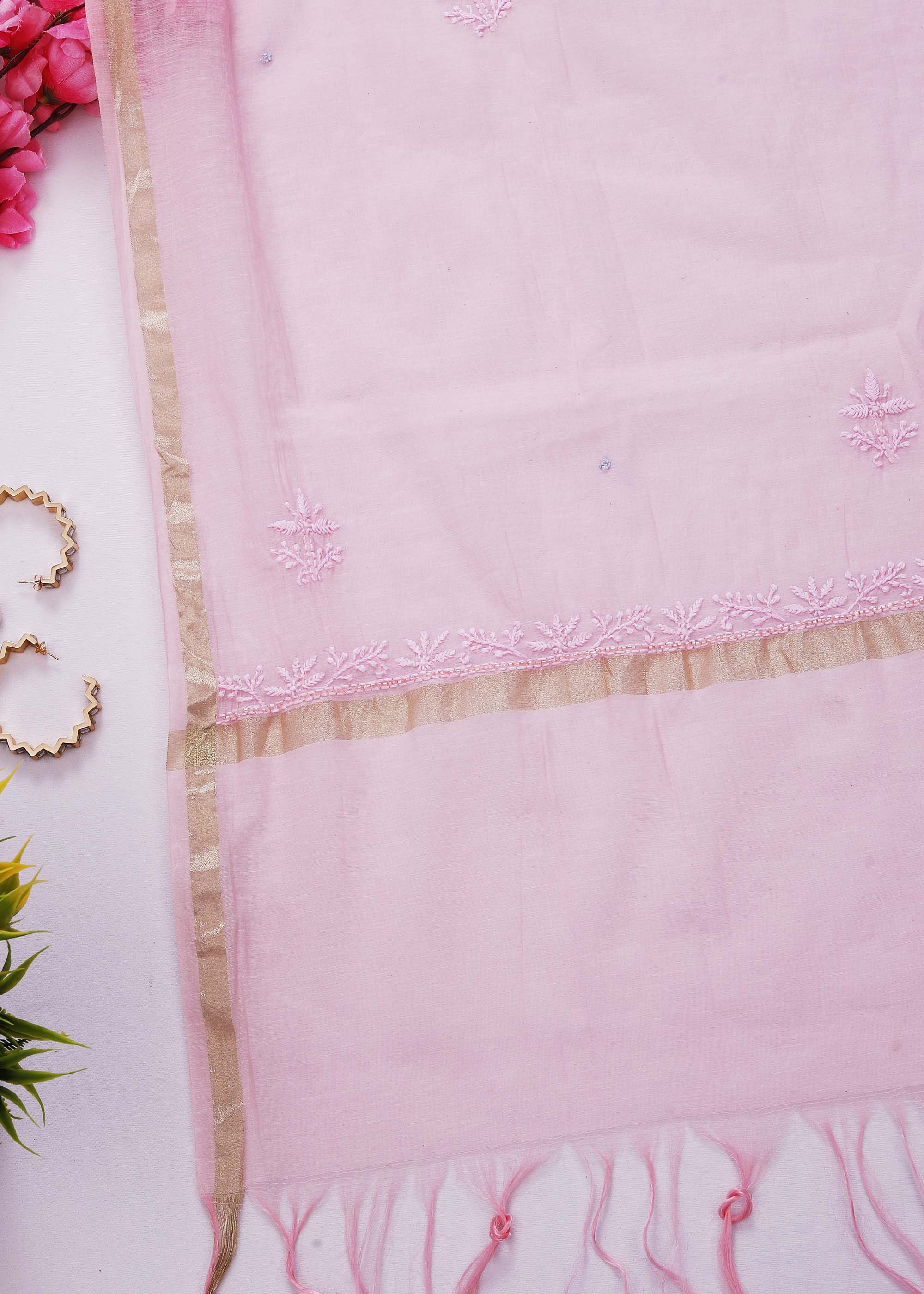 Pink Color Mul Mul Chanderi kurta dupatta set with pearl work