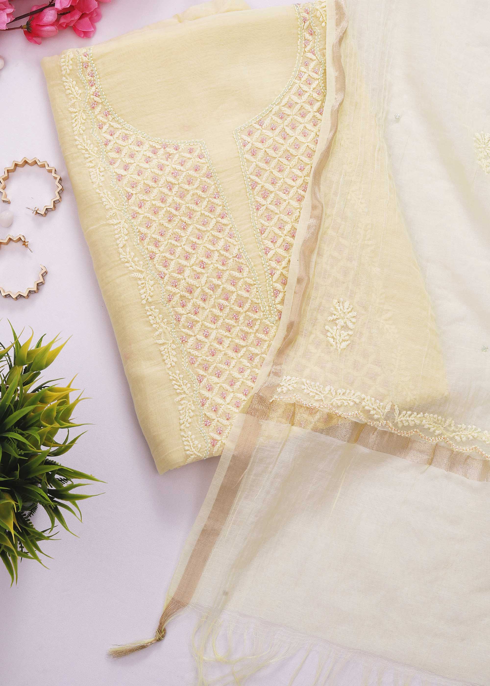 Yellow Color Mul Mul Chanderi kurta dupatta set with pearl work