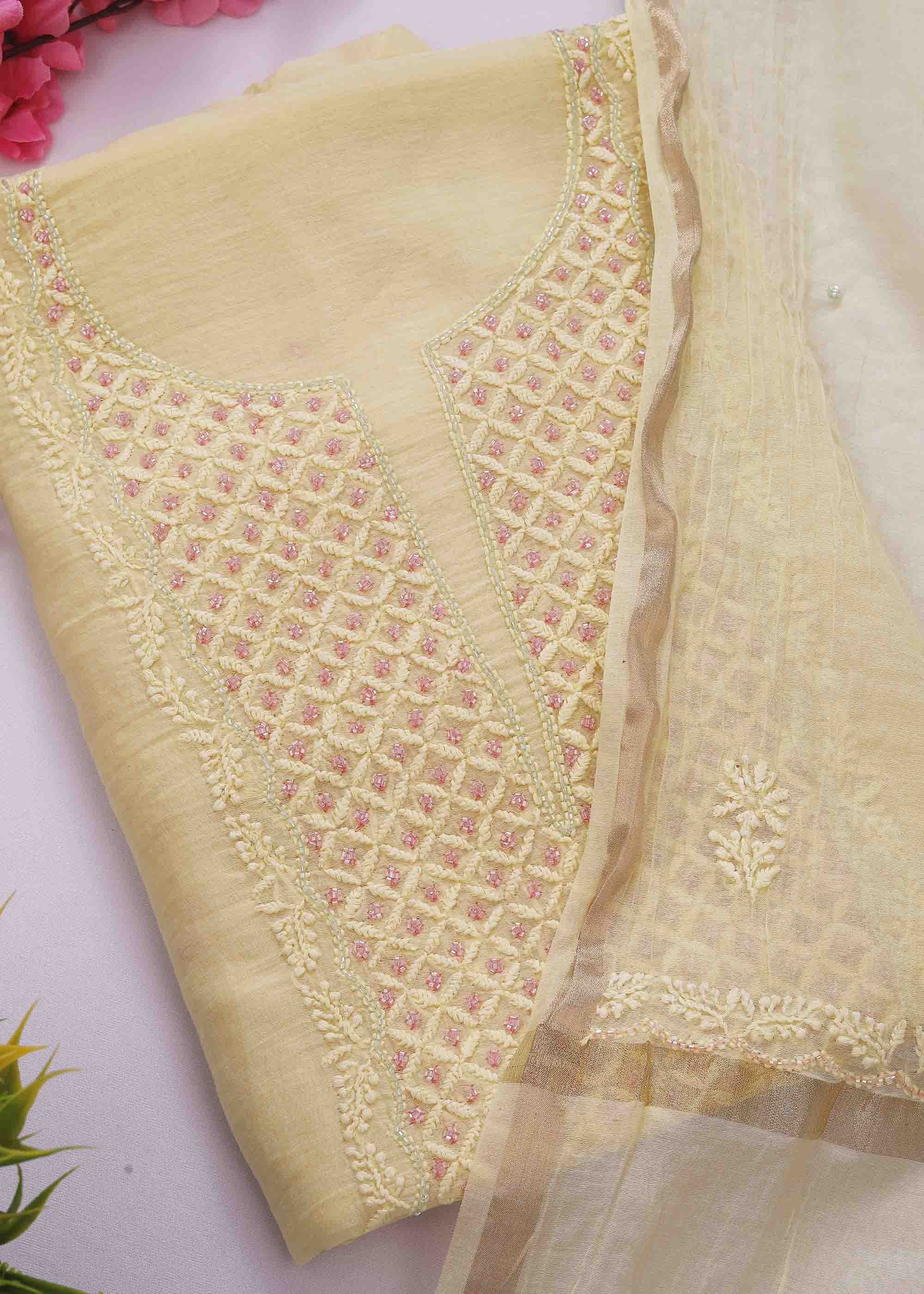 Yellow Color Mul Mul Chanderi kurta dupatta set with pearl work