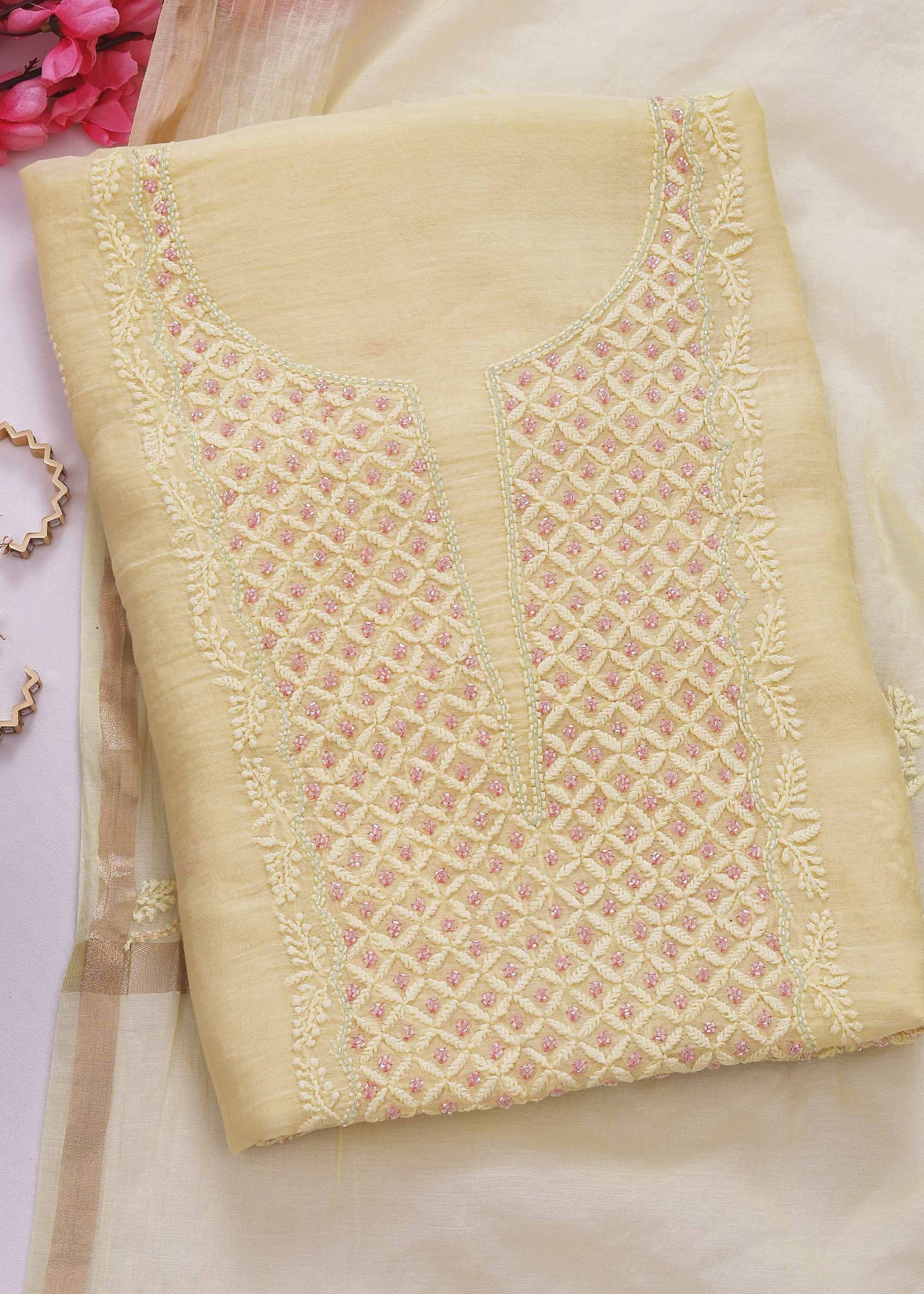 Yellow Color Mul Mul Chanderi kurta dupatta set with pearl work