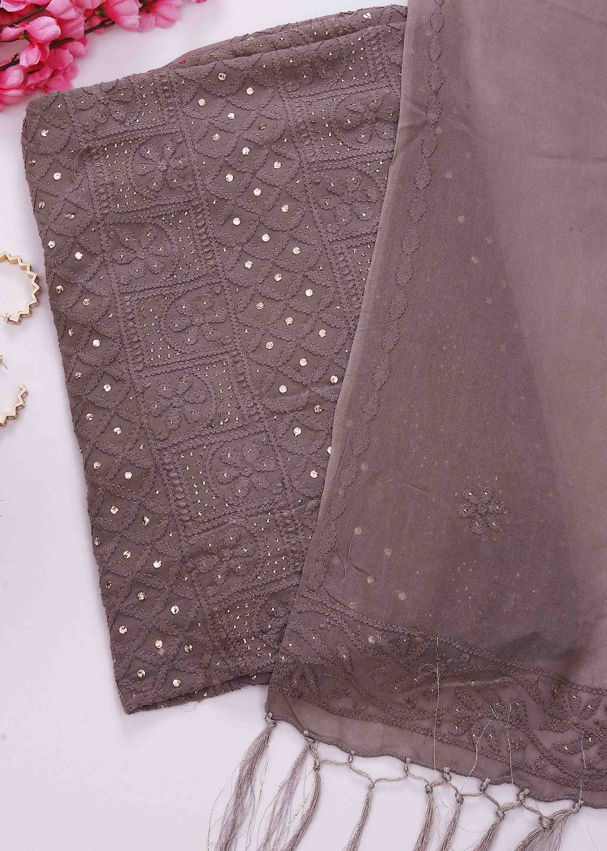Greyish Brown Pure Viscose kurta dupatta material with Chikankari and Mukaish work