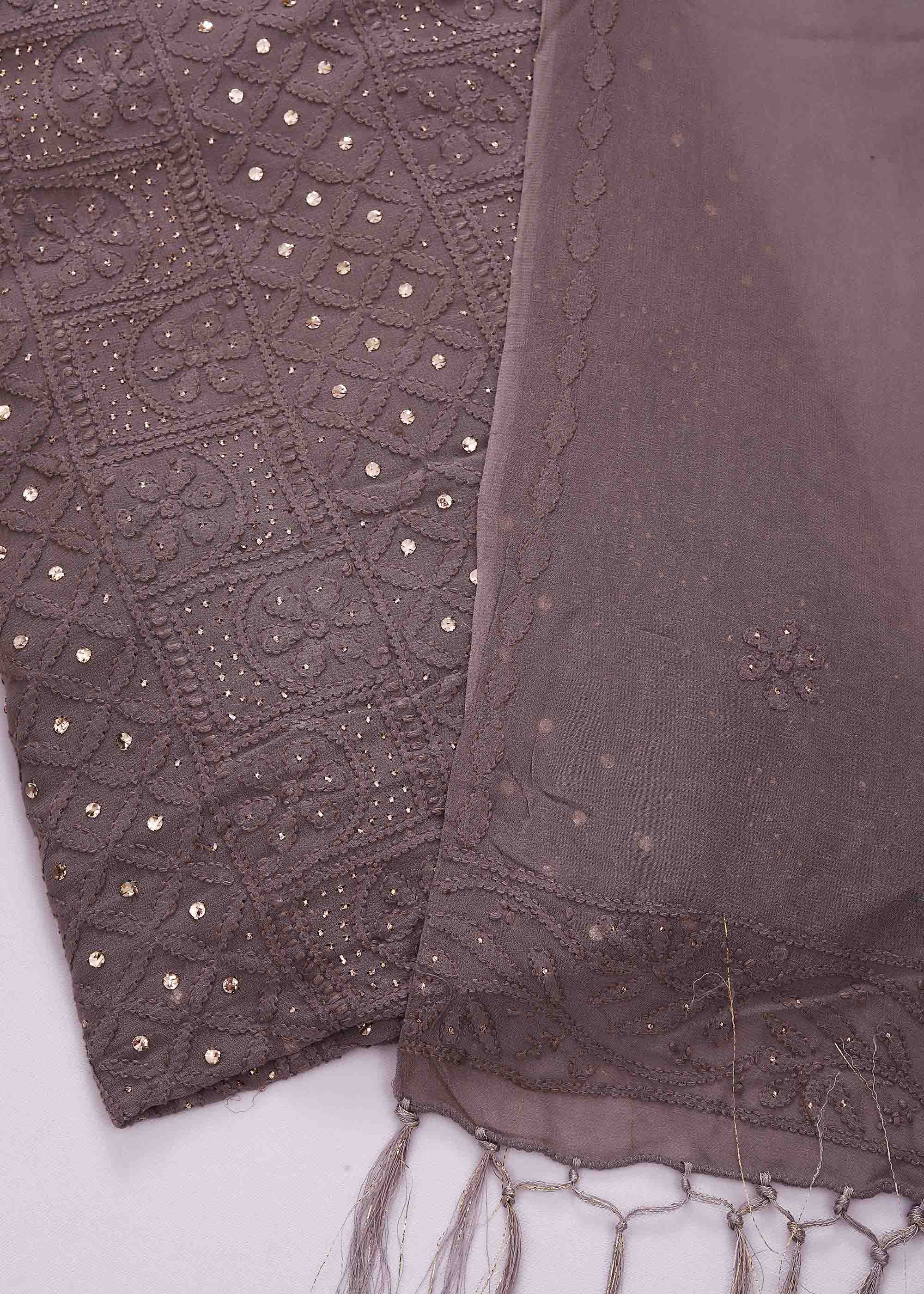 Greyish Brown Pure Viscose kurta dupatta material with Chikankari and Mukaish work