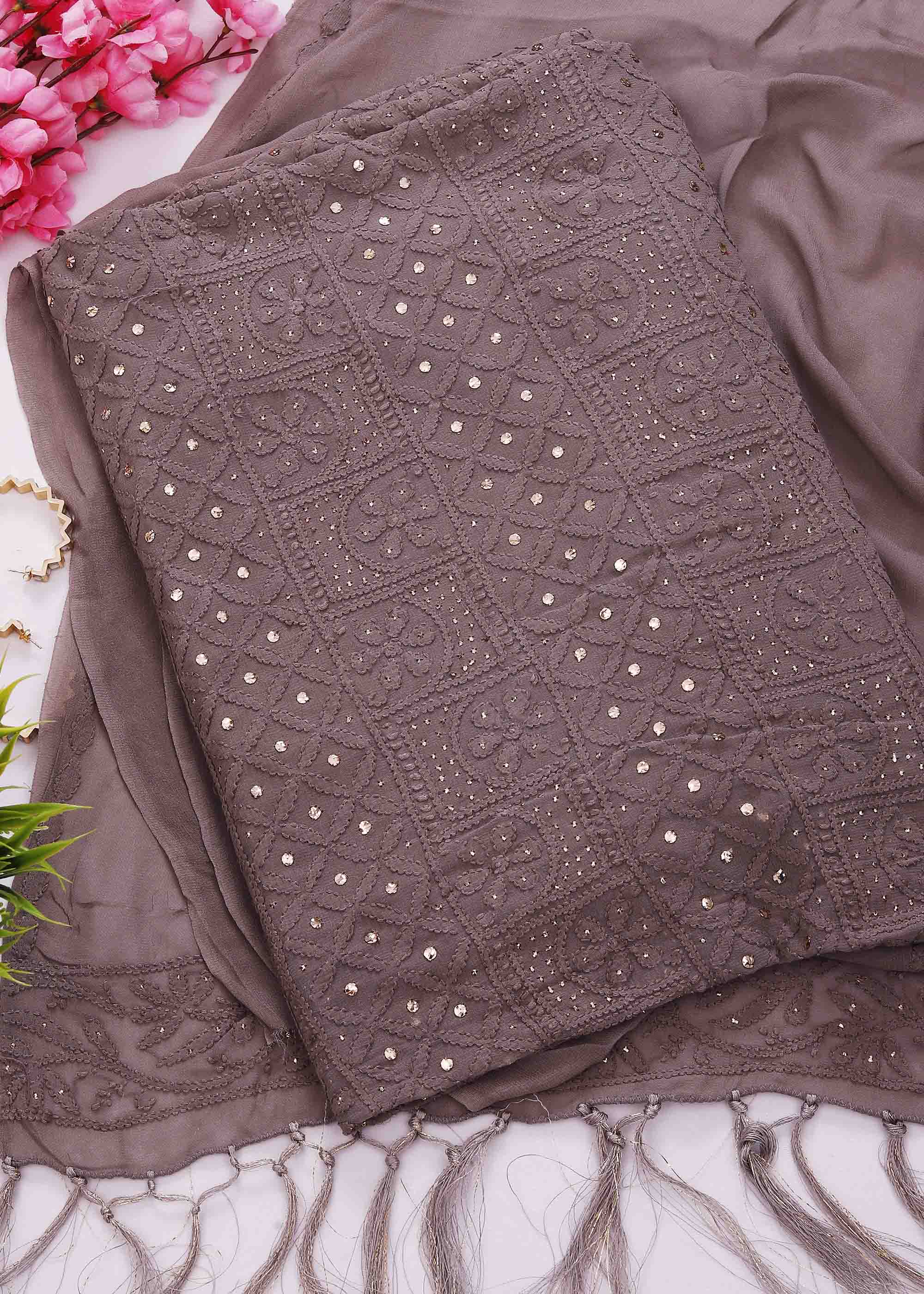 Greyish Brown Pure Viscose kurta dupatta material with Chikankari and Mukaish work