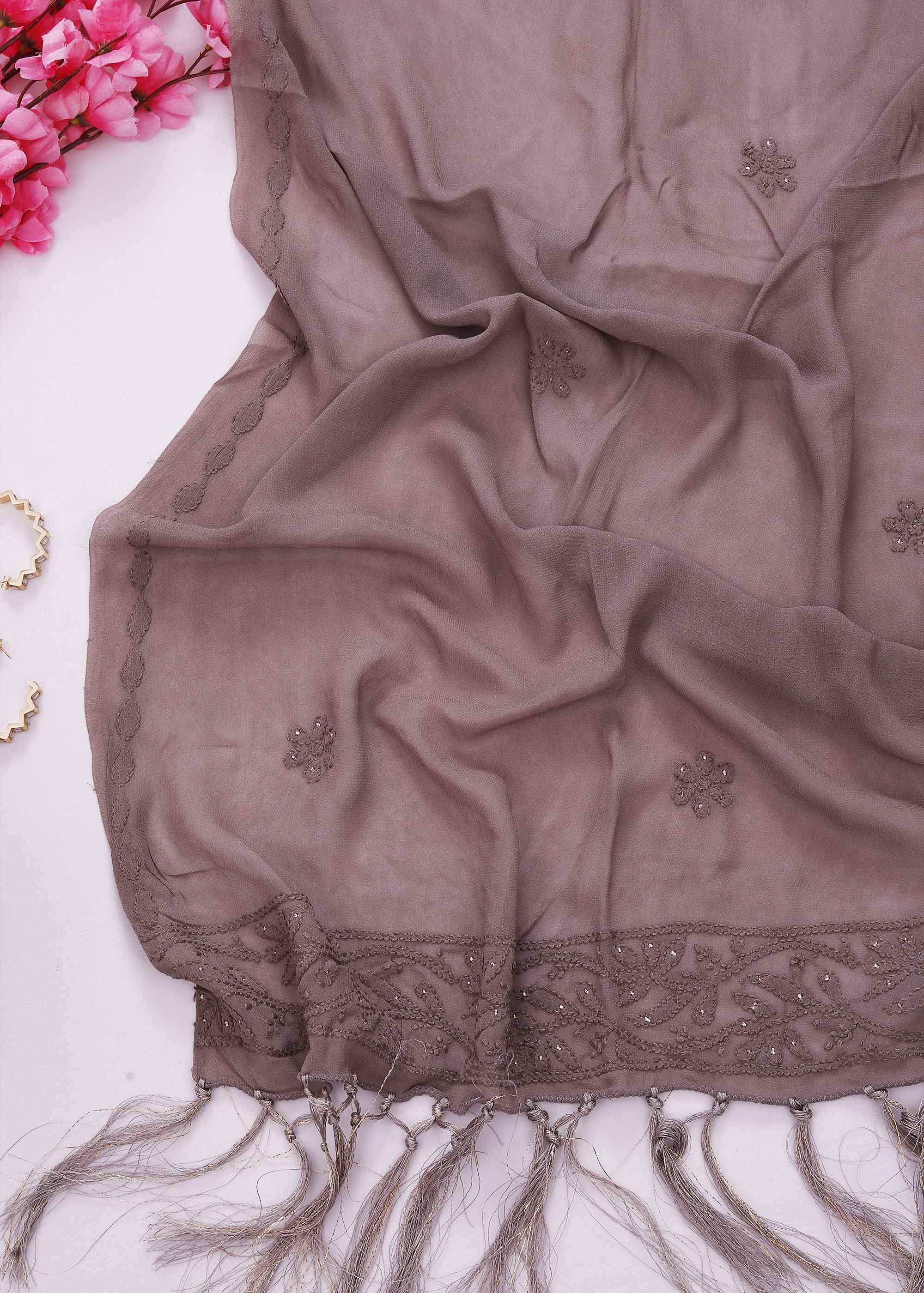 Greyish Brown Pure Viscose kurta dupatta material with Chikankari and Mukaish work