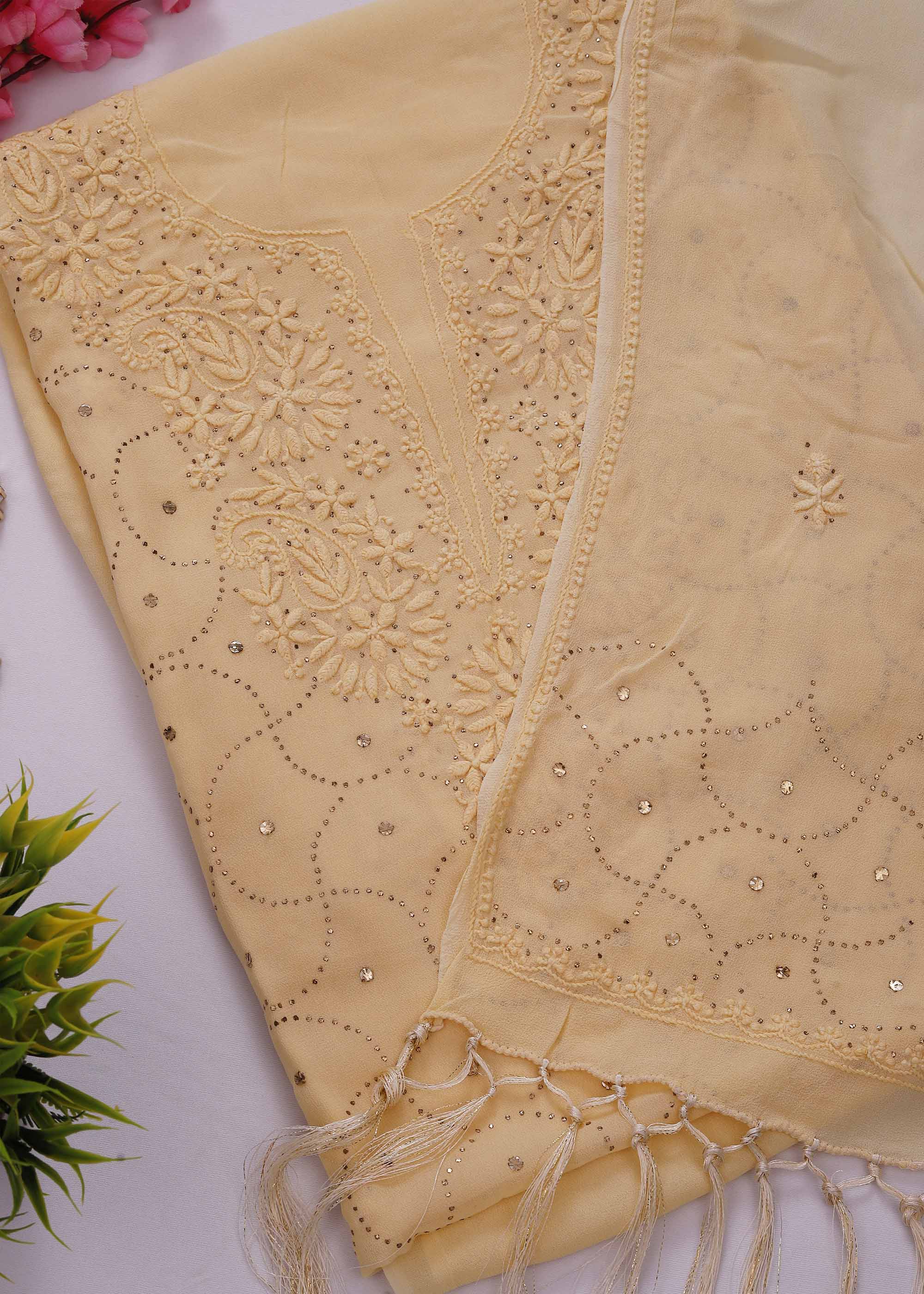 Yellow color Pure Viscose kurta dupatta material with Chikankari and Mukaish work