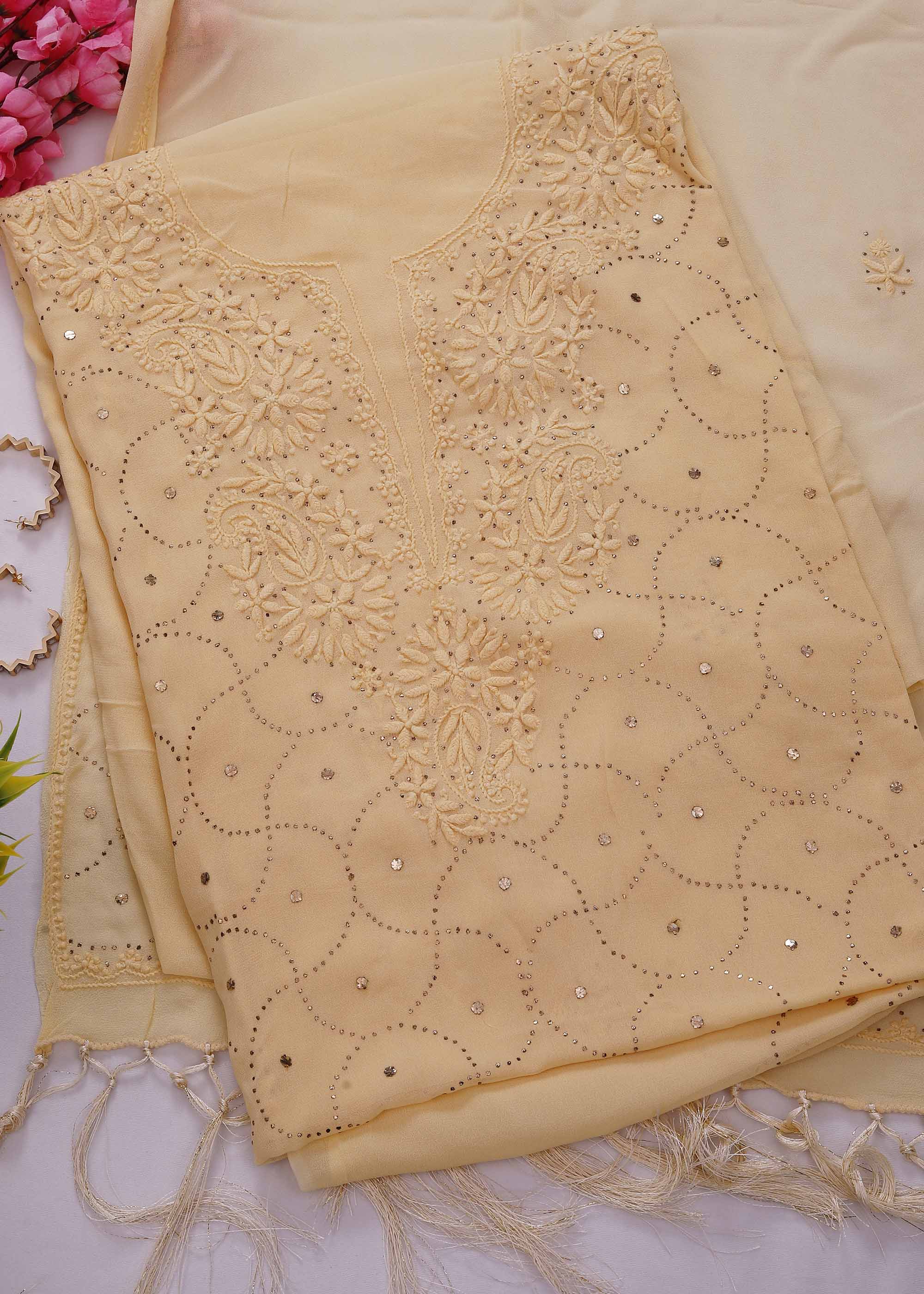 Yellow color Pure Viscose kurta dupatta material with Chikankari and Mukaish work