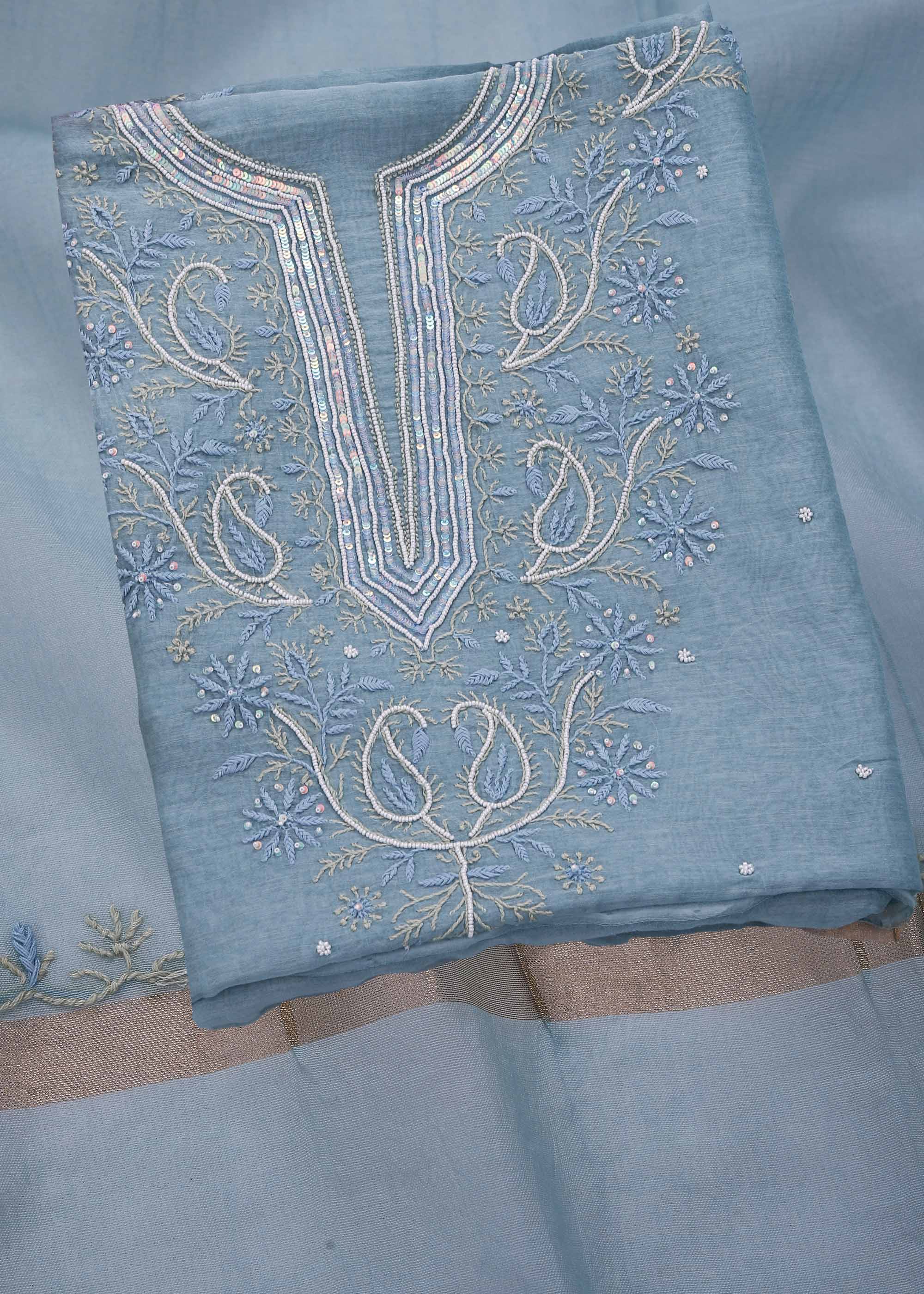Sea blue color Mul Chanderi kurta dupatta material with Chikankari & Pearl work