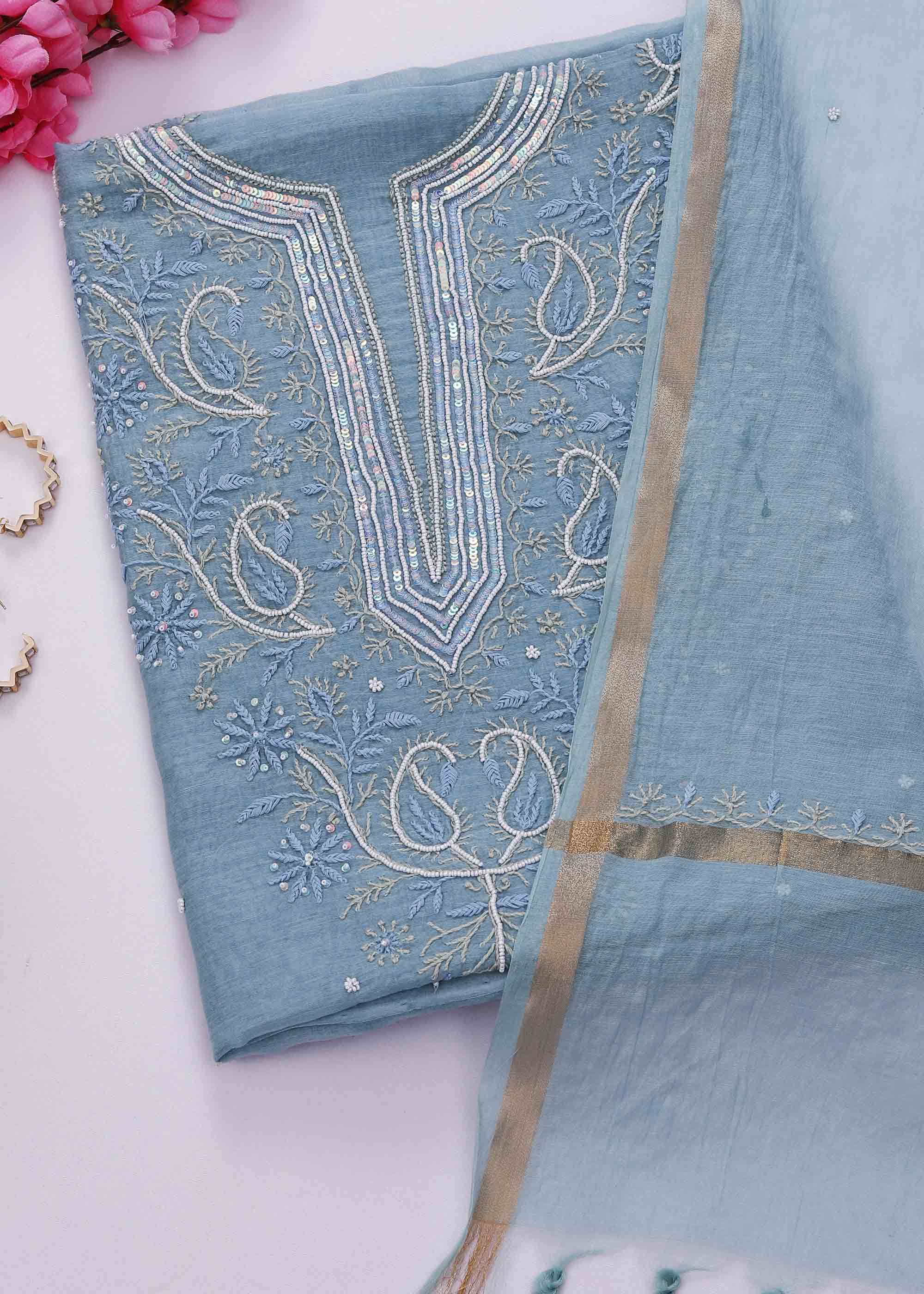 Sea blue color Mul Chanderi kurta dupatta material with Chikankari & Pearl work