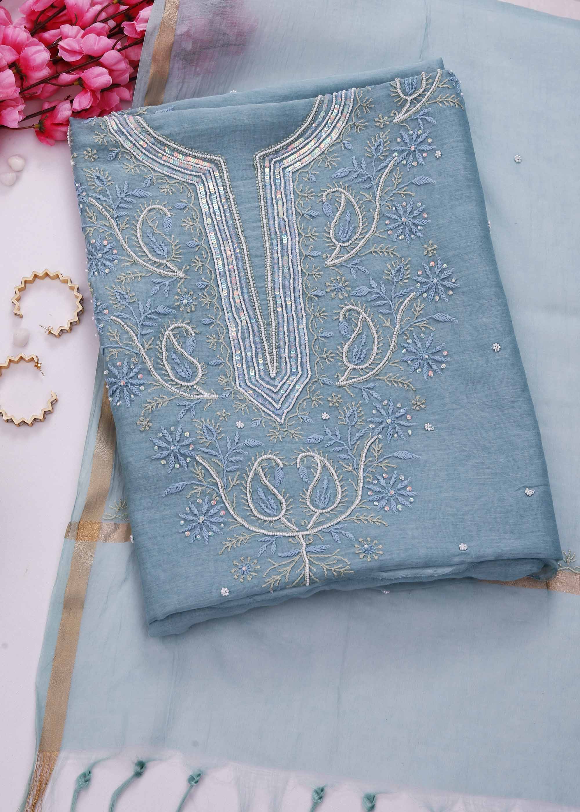 Sea blue color Mul Chanderi kurta dupatta material with Chikankari & Pearl work