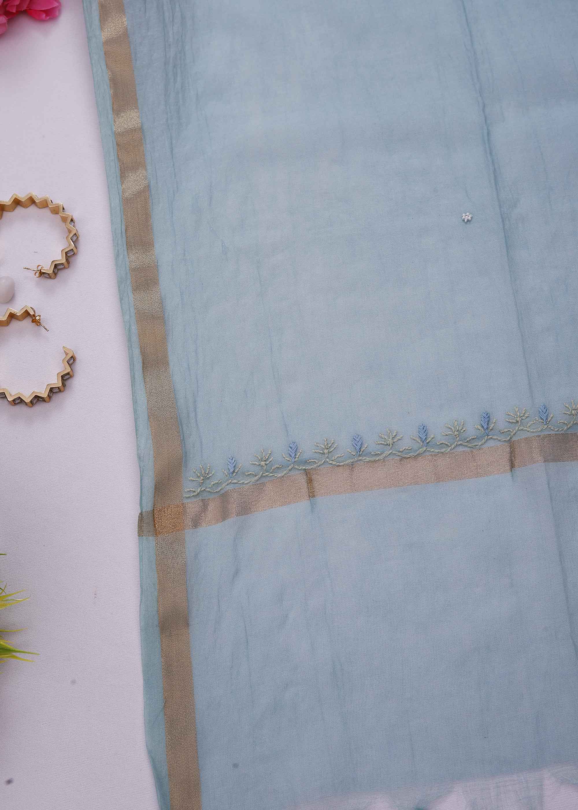 Sea blue color Mul Chanderi kurta dupatta material with Chikankari & Pearl work