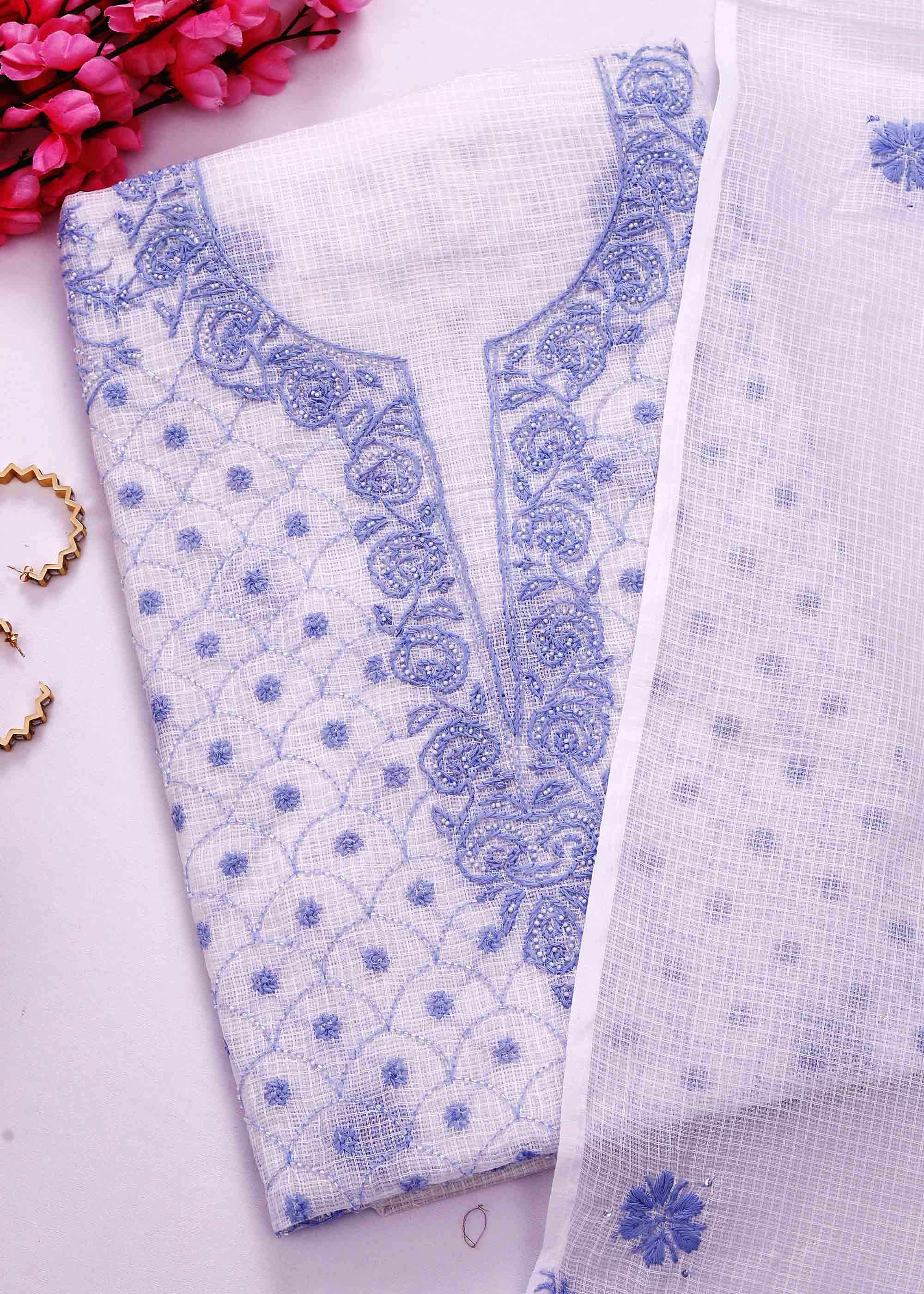 White & Soft Purple color Pure Kota Doria Kurta Dupatta set with Cut daana work